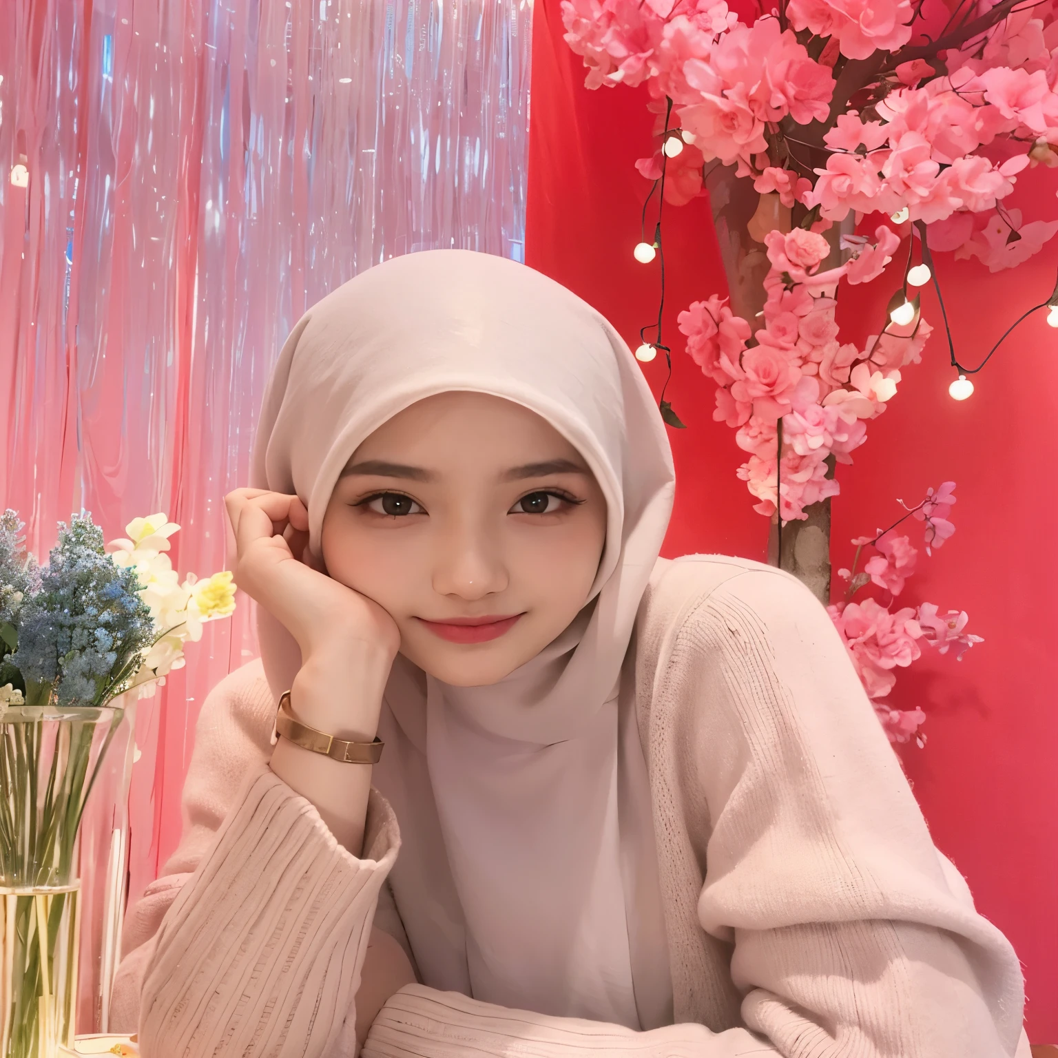 there is a woman sitting at a table with a vase of flowers, pink pastel, sakimi chan, ruan cute vtuber, background is heavenly, with kind face, pink girl, pink face, in pink forest, pastel pink, dilraba dilmurat, portait photo profile picture, hijab, inspired by JoWOnder, inspired by Ni Yuanlu