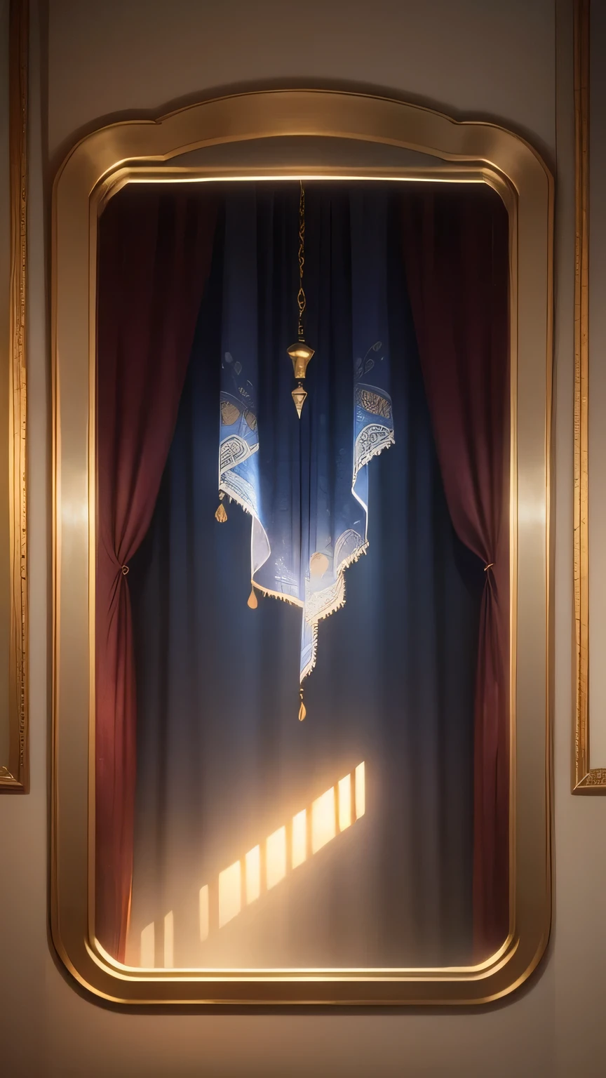 there is a mirror with a curtain hanging on the wall, 冬天的蓝色curtain, background made of big curtains, curtain, curtain, Inspired by Anna Forsley, benjamin vnuk, ethereal curtain, curtains, Alexandra Formina, Rene Magritte. super detailed, Inspired by Pierre Joseph Redout, Maurizio Cattelan