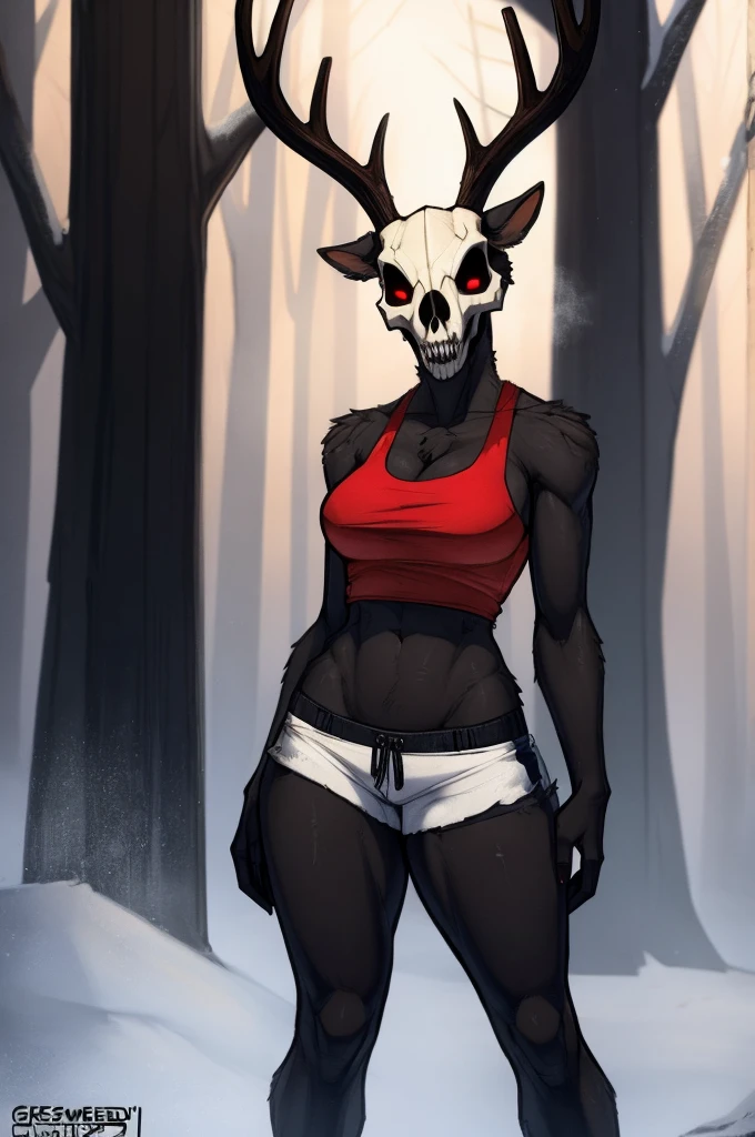 Tall_lanky_wendigo female black_furry_body beady_red_eyes very_fluffy large_antlers skull_mask misty_breath foggy_snowy_forest solo Masterpiece best_quality absurdres highly_detailed cleanly_drawn_eyes anthro_only by_claweddrip, by_greasymojo, by_underscore-b, by_runawaystride tattered_tank_top tattered_shorts bloody_clothing