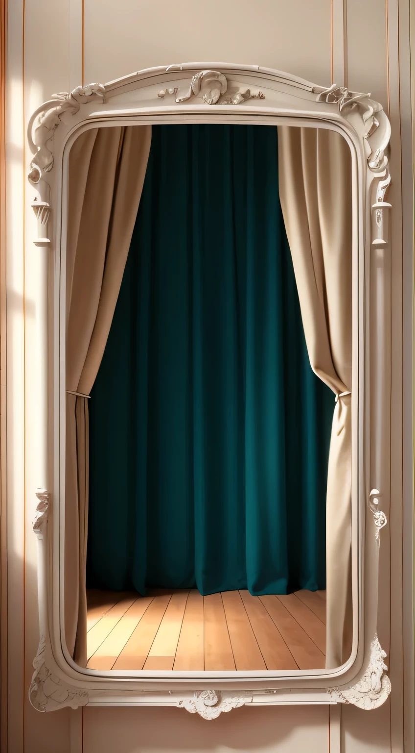 there is a mirror with a curtain hanging on the wall, 冬天的蓝色curtain, background made of big curtains, curtain, curtain, Inspired by Anna Forsley, benjamin vnuk, ethereal curtain, curtains, Alexandra Formina, Rene Magritte. super detailed, Inspired by Pierre Joseph Redout, Maurizio Cattelan