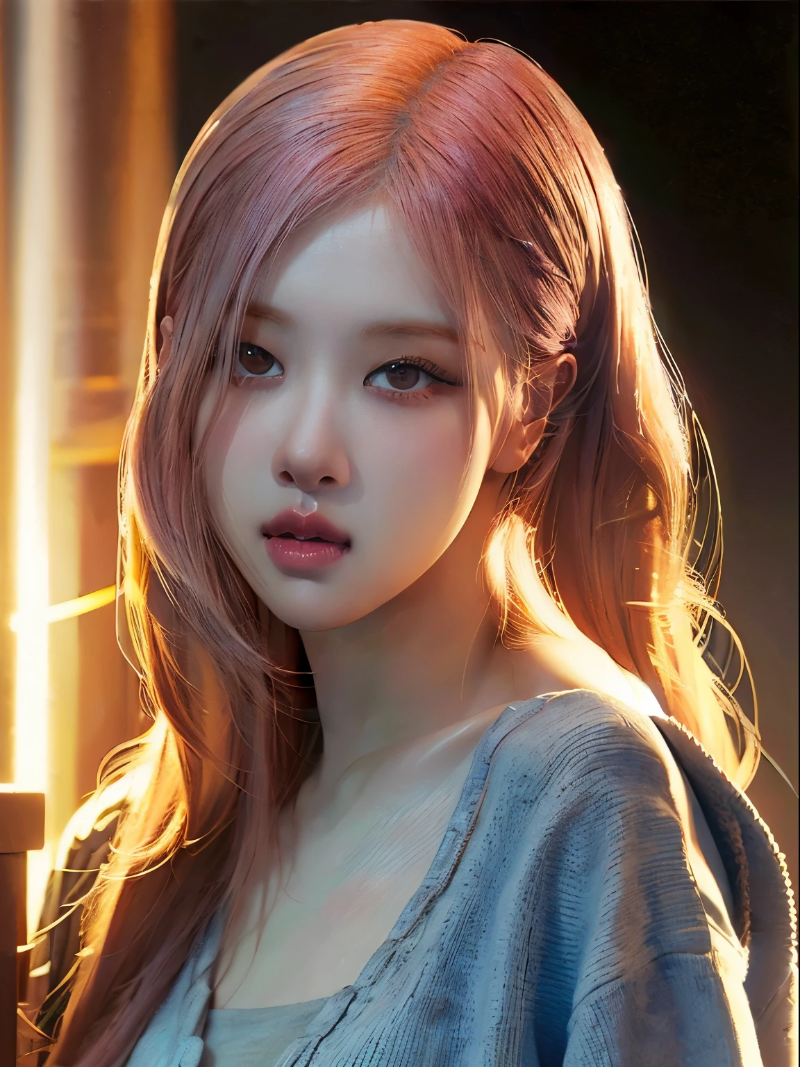 Rose from blackpink, pink hair, (full body), (best quality,4k,8k,highres,masterpiece:1.2),ultra-detailed,(realistic,photorealistic,photo-realistic:1.37),A girl standing by a column in casual clothes Sweater, jeans, detailed eyes and lips, long eyelashes, beautiful detailed face, realistic posing, studio lighting, vivid colors, ultra-fine painting, professional,full length, detailed facial features, flowing wavy hair, relaxed posture, soft lighting, warm color tones, high-resolution image(4k), ultra-detailed, realistic.