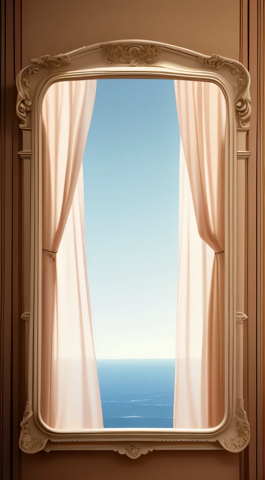 there is a mirror with a curtain hanging on the wall, 冬天的蓝色curtain, background made of big curtains, curtain, curtain, Inspired by Anna Forsley, benjamin vnuk, ethereal curtain, curtains, Alexandra Formina, Rene Magritte. super detailed, Inspired by Pierre Joseph Redout, Maurizio Cattelan
