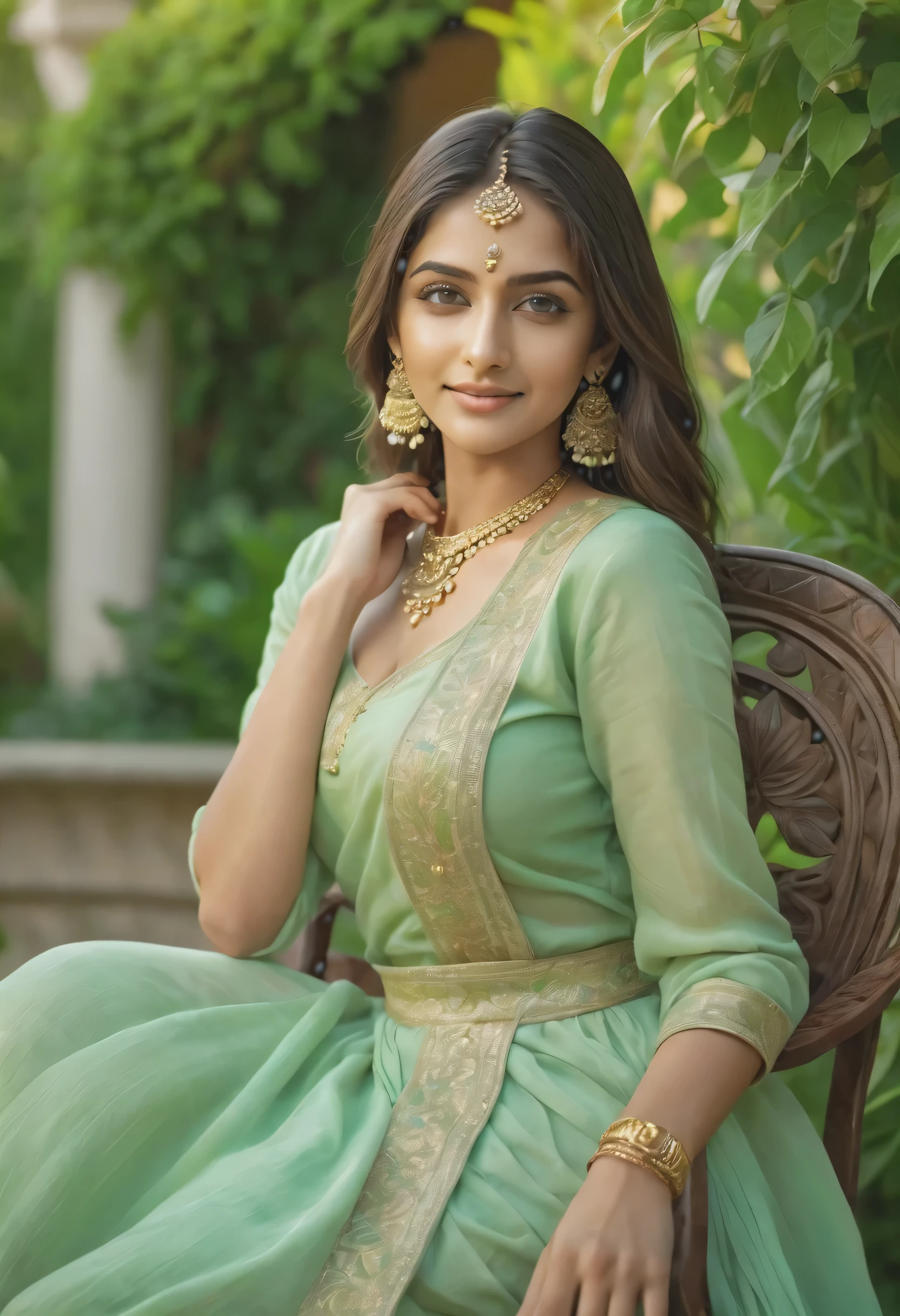 A beautiful girl, , wearing traditional Indian dress, light casual gold jewelry, expressive eyes, seductive eyes, background lush green garden,, sitting on garden chair, gorgeous, royal looks, award winning, hyper realistic, high detailed, light on face, cinematic view, realistic, 8k, ligh on face, shadows, smiling,