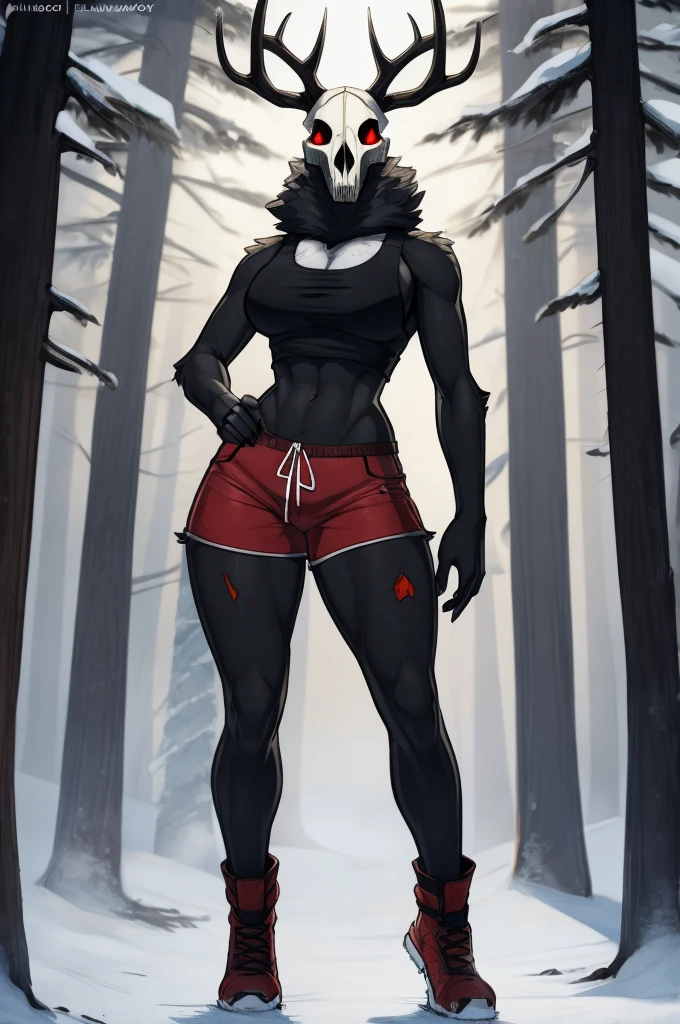 Tall_lanky_wendigo female black_furry_body beady_red_eyes very_fluffy large_antlers skull_mask misty_breath foggy_snowy_forest solo Masterpiece best_quality absurdres highly_detailed cleanly_drawn_eyes anthro_only by_claweddrip, by_greasymojo, by_underscore-b, by_runawaystride tattered_tank_top tattered_shorts bloody_clothing