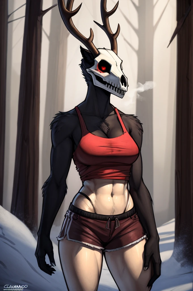 Tall_lanky_wendigo female black_furry_body beady_red_eyes very_fluffy large_antlers skull_mask misty_breath foggy_snowy_forest solo Masterpiece best_quality absurdres highly_detailed cleanly_drawn_eyes anthro_only by_claweddrip, by_greasymojo, by_underscore-b, by_runawaystride tattered_tank_top tattered_shorts bloody_clothing