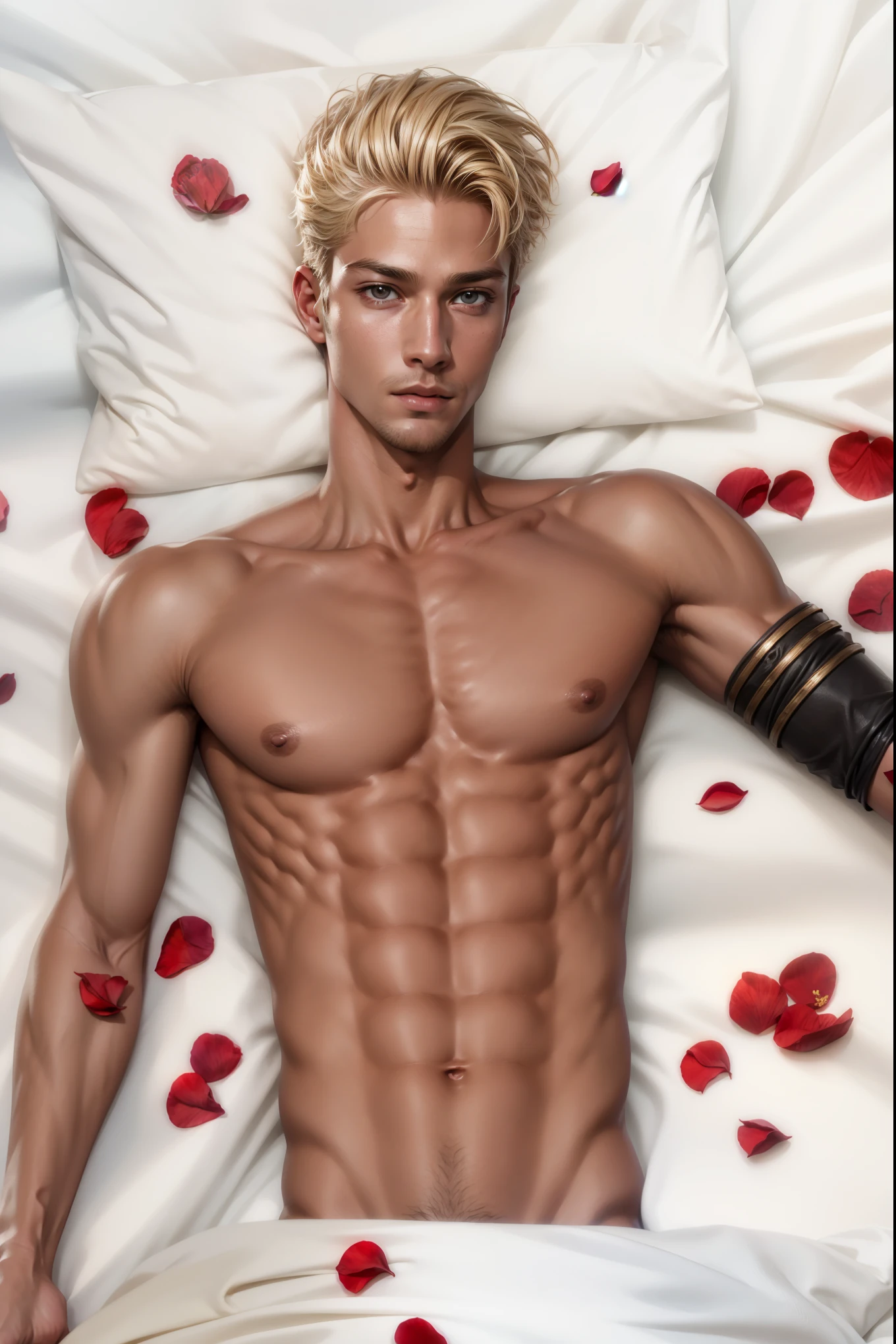 arafed male laying in bed with rose petals on the bed, shirtless :: high detail, skinny male fantasy alchemist, young blonde boy fantasy thief, male character, beefcake pose, handsome stunning realistic, highly detailed full body, skinny male fantasy scientist, as a character in tekken, realistic shaded perfect body, highly detailed body, male model, photorealistic perfect body