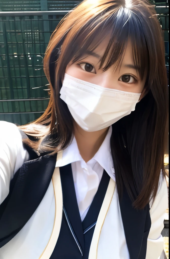 A very realistic selfie of a very cute Japanese high school girl wearing a black blazer uniform and a white mask with large breasts.