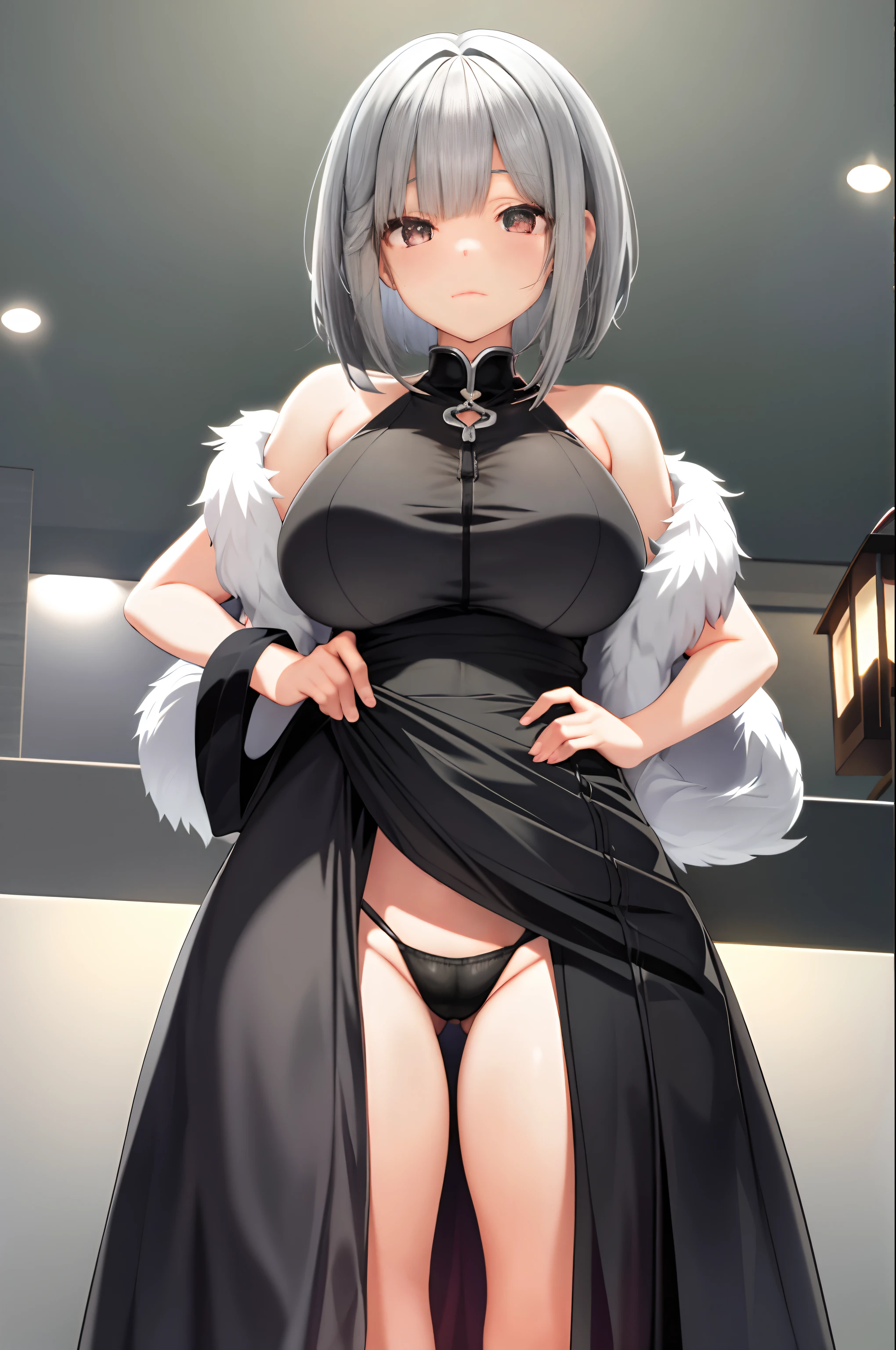 1 person、solo、and soul、gray hair bob、1 person、silver eyes、big breasts、nipple、big ass、Erotic、