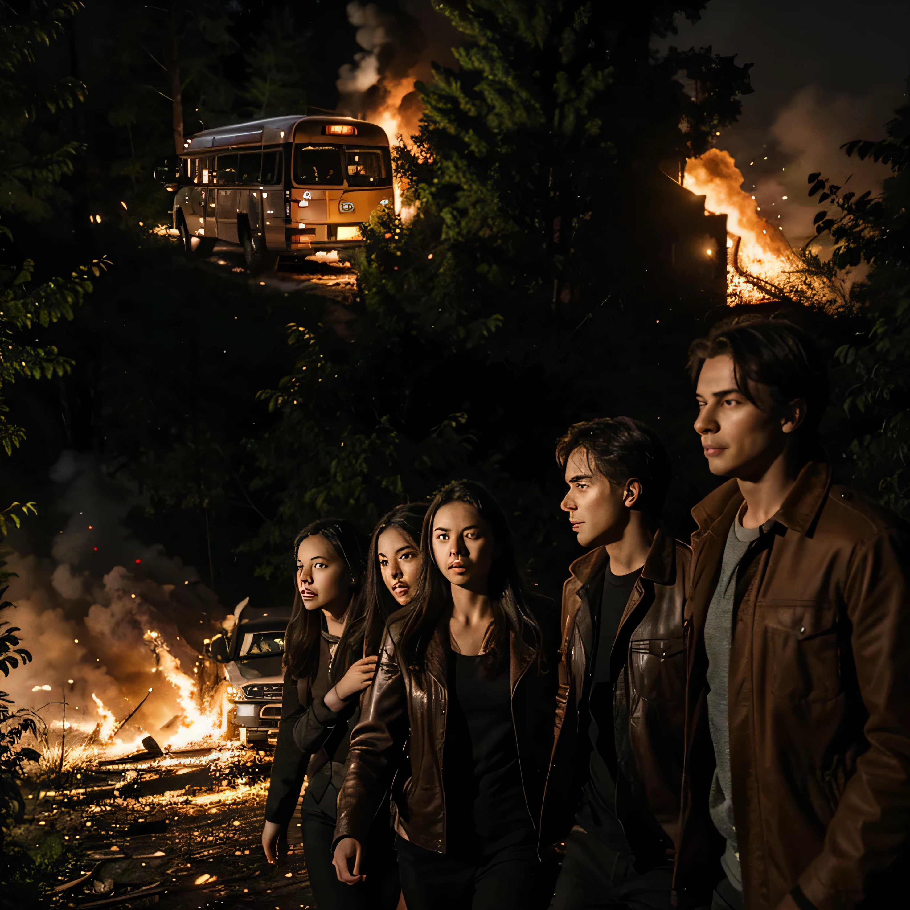 Photo of three women and two men fleeing backwards in the middle of the forest at night while a bus explodes in flames and someone watches them from afar