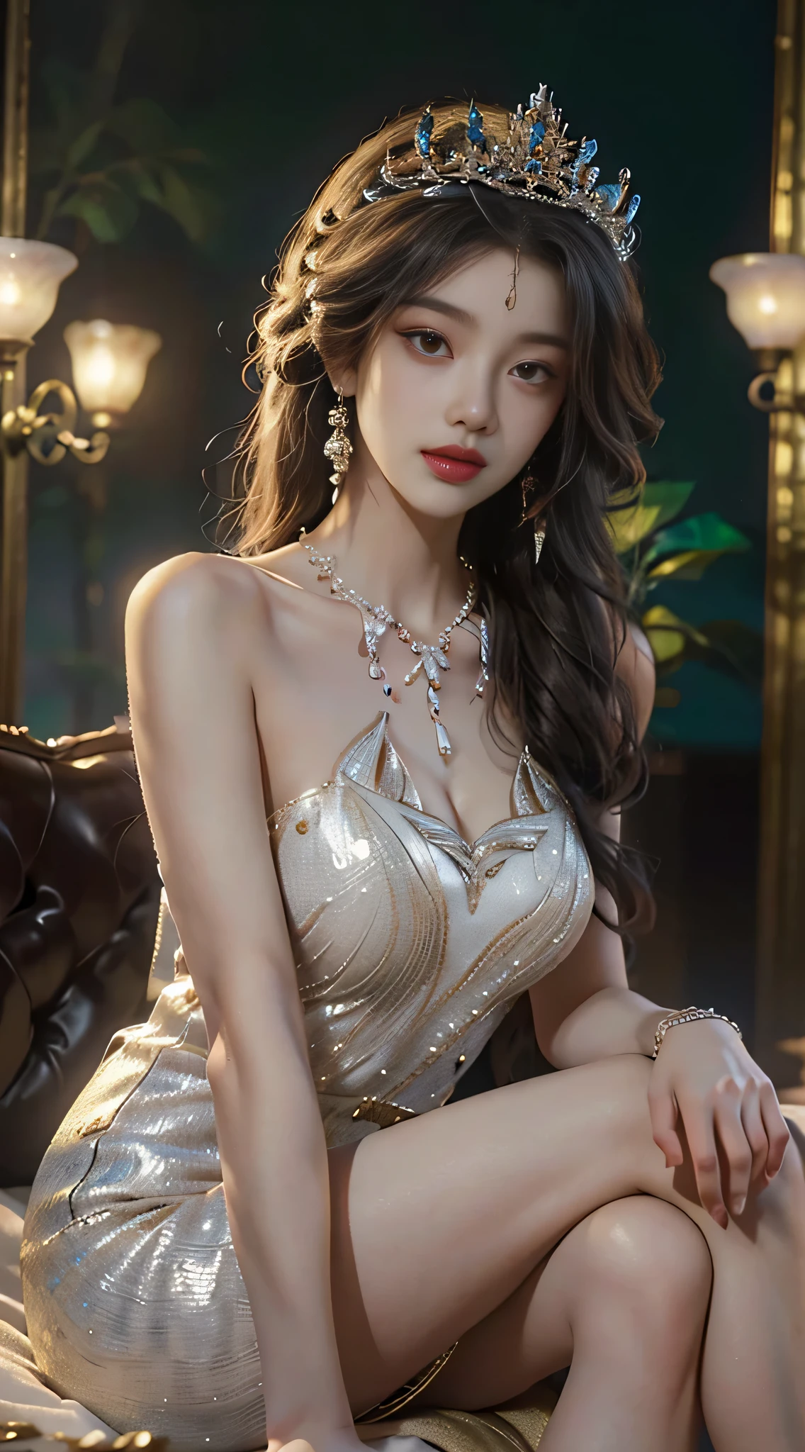 ((full body)), yushuxin,1girl,solo, ((Sitting position, crossed legs, long legs)), red lips, makeup, close-up shot, elegant posture, enticing pose, perfect curves, slim, sexy, big breasts, cleavage, beautiful legs, mesmerizing gaze, biting lips, messy long hair, simple casual scene, random shooting angle, extremely detailed, ultra-clear, best quality, official art, exquisite earrings, delicate necklace, extremely detailed description, super fine painting, exquisite features, Elegant, beautiful, hyperfine details, master works, authentic texture, cinematic lighting realism, Masterpiece, best quality