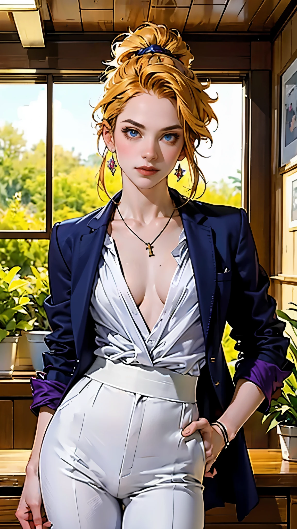 A woman with medium-length golden hair, (features of Native American heritage), distinct facial contours, an oval-shaped face, deep-set eyes, a resolute expression, tall and fit figurea, small crystal necklace that emits a soft purple glow, a fantasy-realism style gender-neutral striped white suit, the open collar reveals a tight-fitting bustier underneath, matching suit pants, in her left hand holds a sci-fi ancient civilization-inspired anchor-shaped weapon, she stands confidently on an endless wilderness road, this character embodies a finely crafted fantasy-realism-style bounty hunter in anime style, exquisite and mature manga art style, (perfect body, perfect nose, perfect mouth, perfect eyes), ((Feminine:1.2)), high definition, best quality, highres, ultra-detailed, ultra-fine painting, extremely delicate, professional, anatomically correct, symmetrical face, extremely detailed eyes and face, high quality eyes, creativity, RAW photo, UHD, 32k, Natural light, cinematic lighting, masterpiece-anatomy-perfect, masterpiece:1.5