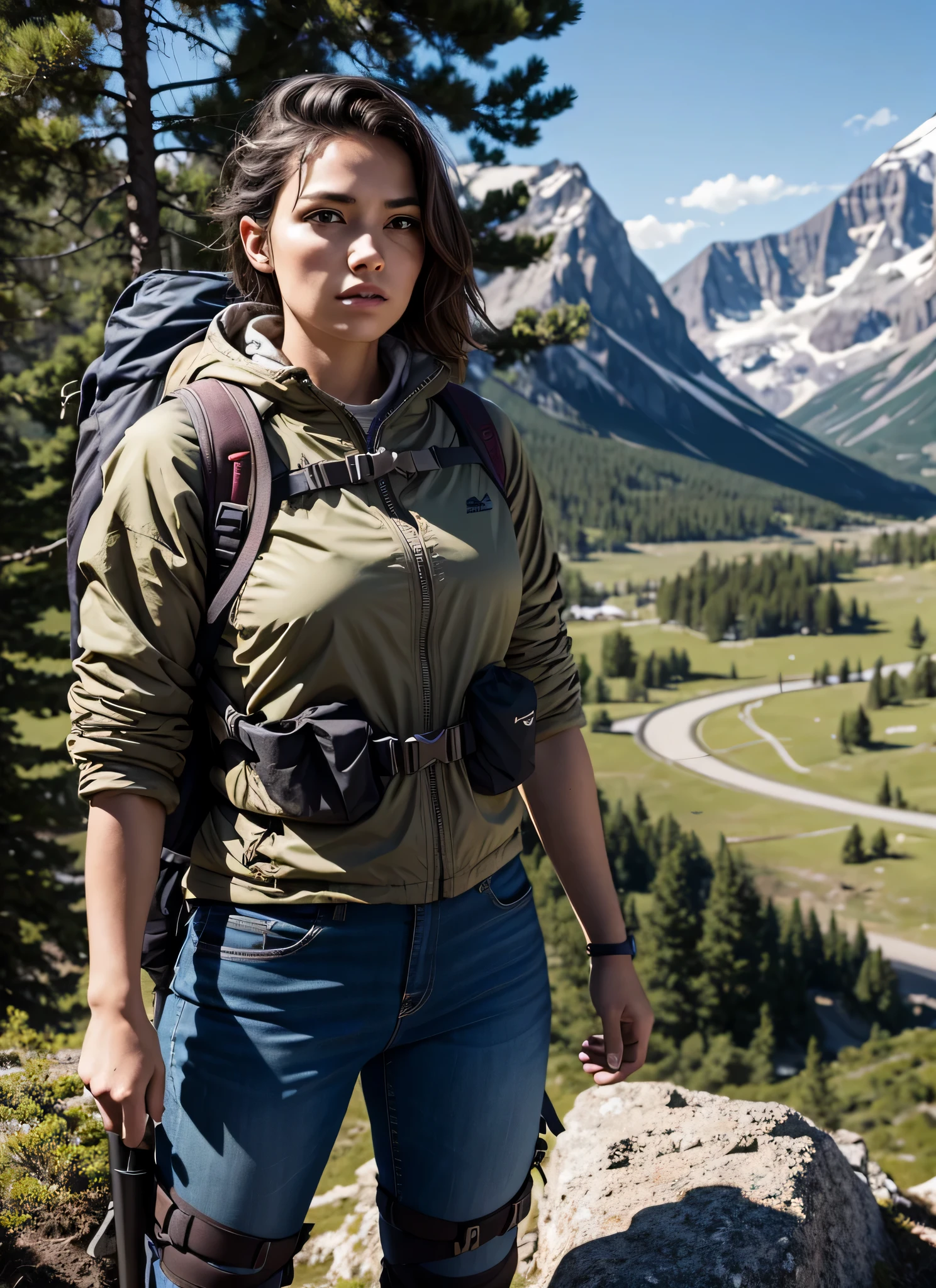 1 photo, courageous woman, fearless look, gaze of determination, confident attitude, outdoor setting, Desolate terrain, adventurous spirit, backpacks and hiking equipment, brave heart, unyielding will, sunlight filtering through the trees, clear blue sky, mountain peak in the distance, obvious survival skills, I'm ready for the challenge, Overcoming obstacles, The natural beauty that surrounds her, 3D octane rendering, ray tracing, super detail viewer, close.