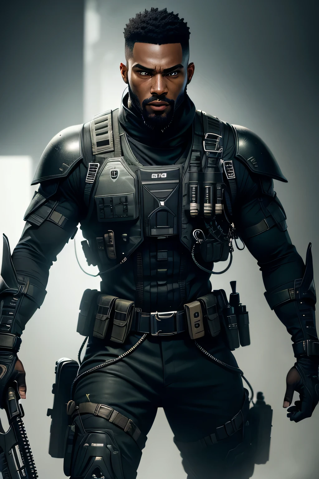 (best quality,ultra-detailed,realistic:1.37), black male, personagem do jogo ghost do call of duty ghost, detailed eyes and face, detailed camouflage uniform, tactical vest, military boots, wielding advanced weapons, intense facial expression, intricate facial hair, futuristic environment, dark and gritty atmosphere, haunting shadows, dramatic lighting, high-res texture, professional level graphics, immersive gaming experience, adrenaline-pumping action.