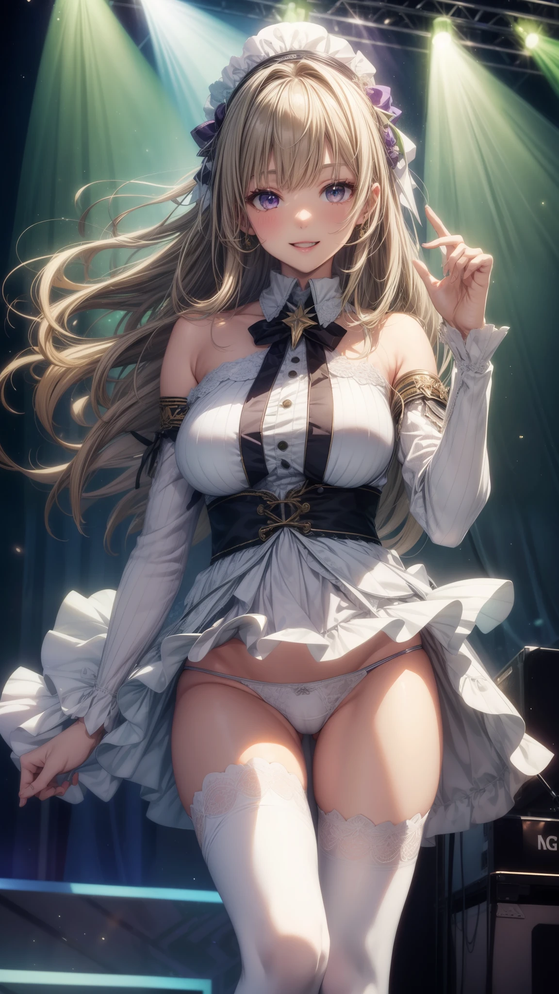 highest quality、All limbs、full finger、Slender beauty、straight hair、brown hair、Dereste、green, white and purple idol costume、white panties、high socks、beautiful big breasts、live stage、sing、dancing、big smile、I'm seducing you