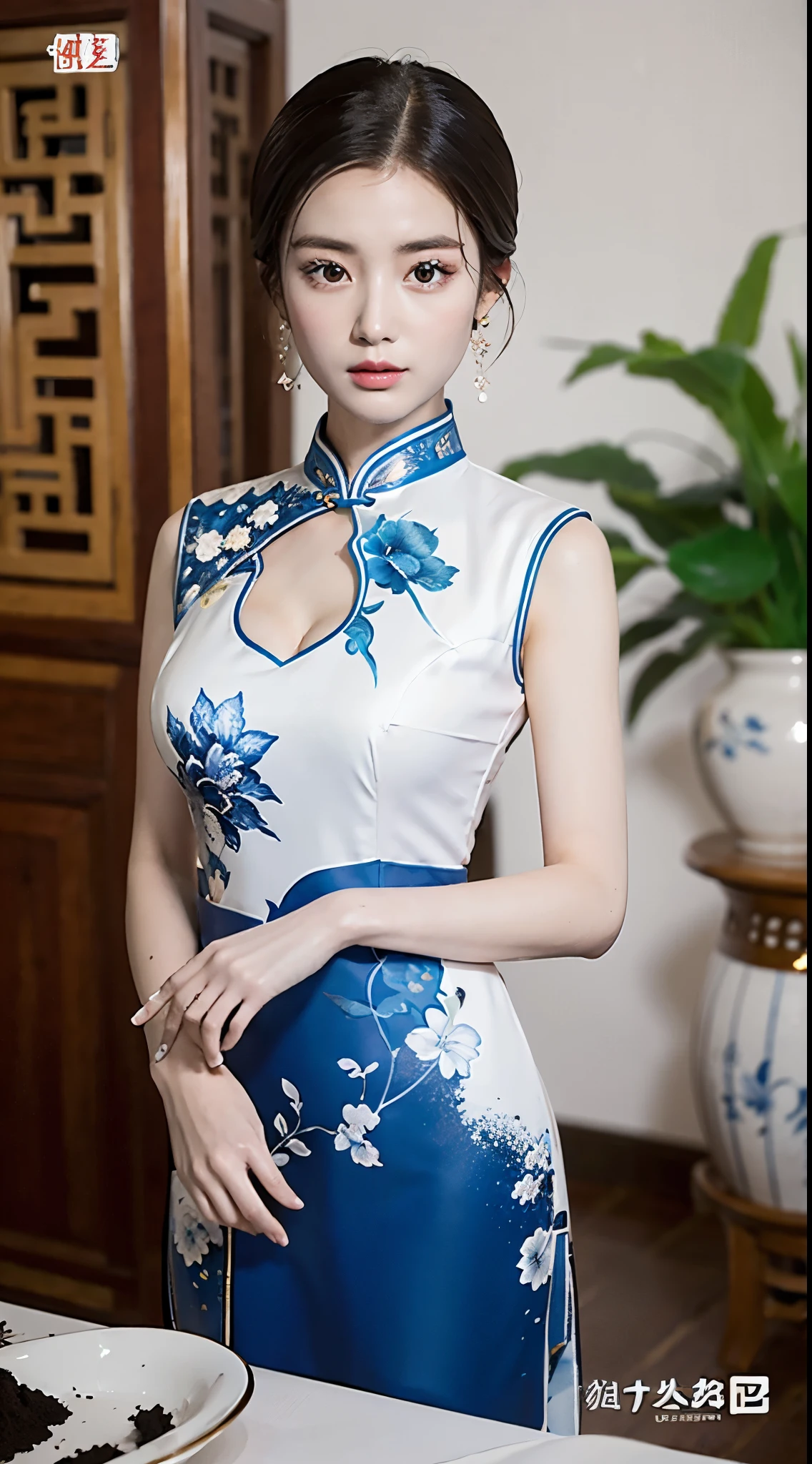 Mo Feng，ink，water ink，soil，（Blue and white porcelain style：1.5），Jingdezhen porcelain，（Cheongsam beauty：1.4），half body，Close-up cleavage，Focus on Eyeodern cheongsam，Blue and white porcelain，Ancient buildings are well-proportioned，masterpiece，Super fine，high quality，8K resolution