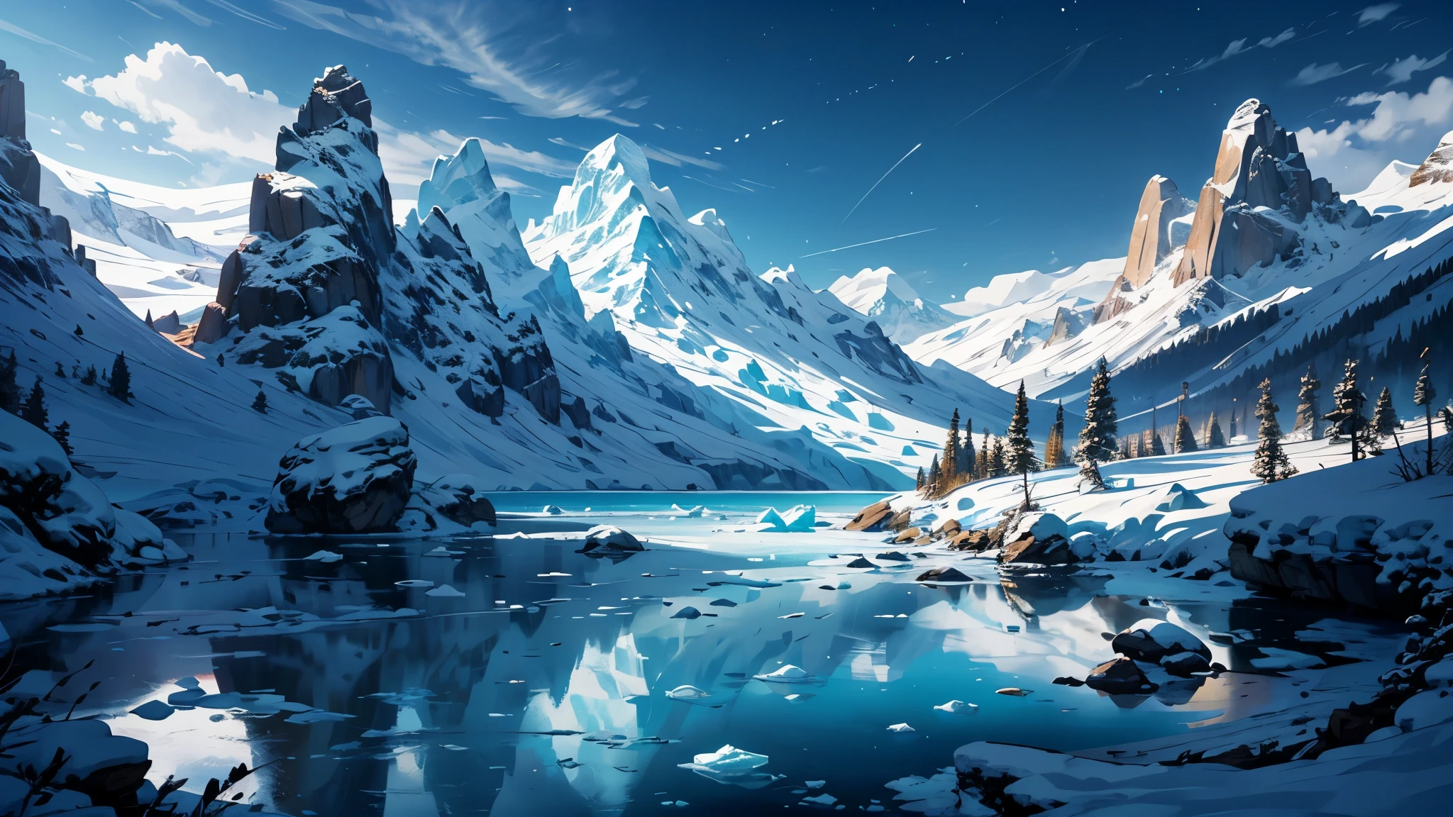(Mejor calidad,4k,A high resolution,obra maestra:1.2),ultra detallado,(realista,Fotorrealista,fotorrealista:1.37),HDR,hiper hd,studio lighting,Borrar detalle,profesional,vivid colors,bokeh,invierno,anime pecho grande,paisaje,noche,Luna llena,Cold,In Wonderland,sereno,tranquil,glacial,meteoritos,Hielo incandescente,Picos enormes,majestuoso,picos nevados,bosque nevado,Lago congelado,Copos de nieve brillantes,sombras misteriosas,Colinas nevadas en la distancia,horizonte infinito,Icy atmosphere,Serene Reflection,Peaceful silence,brillante luz de la luna,ethereal beauty,Ecosistema invernal,Harmony of nature,Silencio encantador,enchanting paisaje,paisaje magico,impresionante,serenoquietude,Vista atractiva