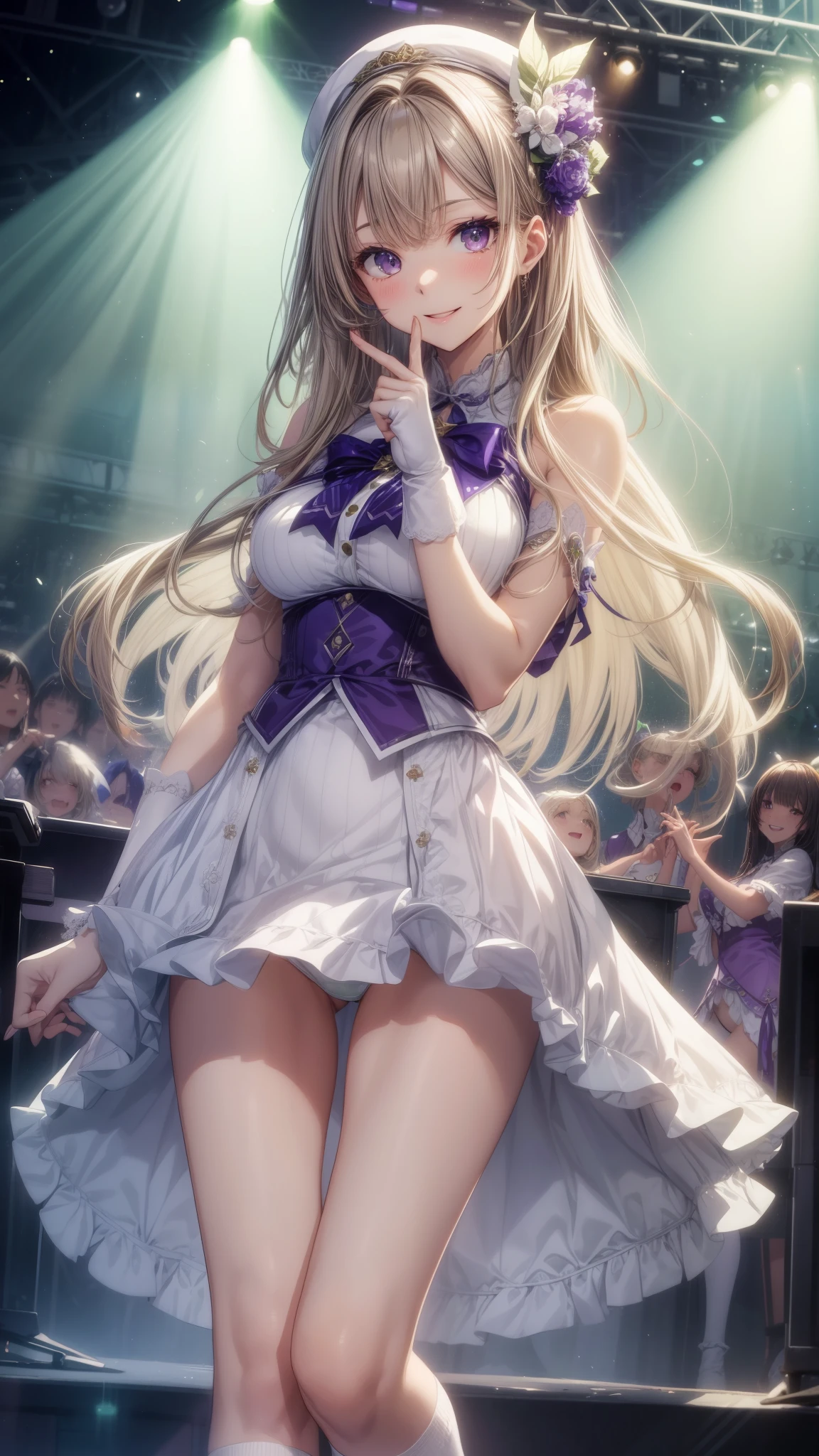 highest quality、All limbs、full finger、Slender beauty、straight hair、brown hair、Dereste、green, white and purple idol costume、white panties、high socks、beautiful big breasts、live stage、sing、dancing、big smile、I'm seducing you