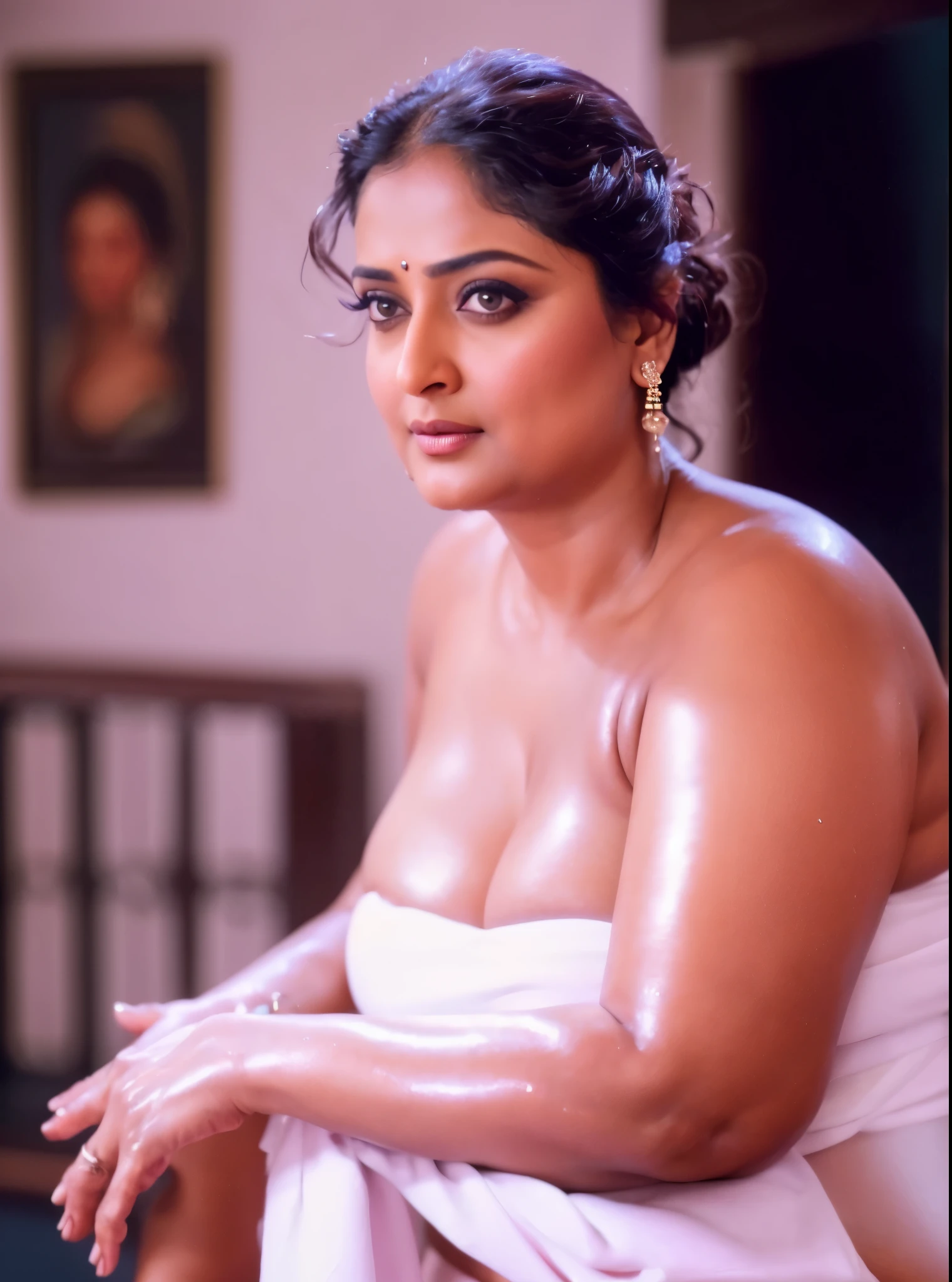 50yo mature MILF Anushka Shetty,((best quality)), ((masterpiece)), ((realistic)), sweat, alluring figure,  bulging figure, thick charming lady, curvy, thick navel, full figured woman, eye kajal, massive breast, full body, styled hair, pierced eyes, female face,royal aura, trend on artstation , sharp focus, studio photo, intricate detail, very detailed, detailed eye, illustration, very detailed, sharp focus, digital render, professional, 4k, showing armpits, bathing scene stills, 