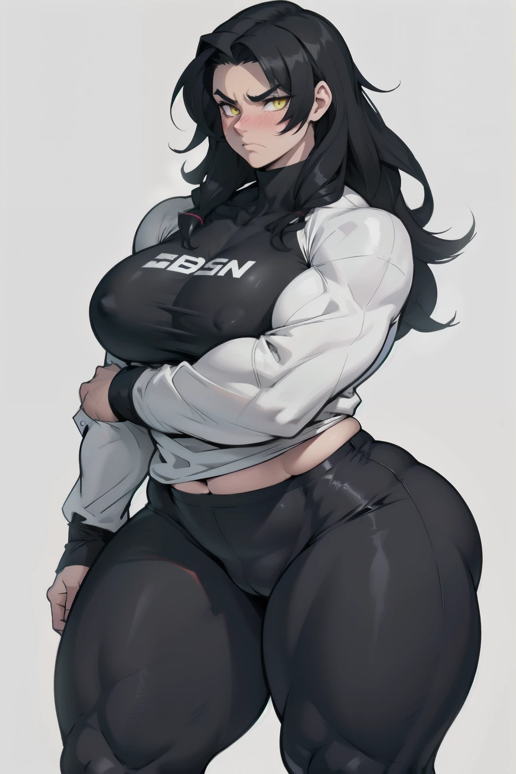 1girl solo black hair yellow eyes very long hair pale skin muscular muscular muscular muscular toned body huge muscles thick thighs girl tight clothes angry blushing messy hair leggings tight shirt long sleeves thick thick thick thick thick thick thick thick thick thick thick thick thick thick thick thick thick thick thick thick thick thick thick thick thick thick thick thick thick thick