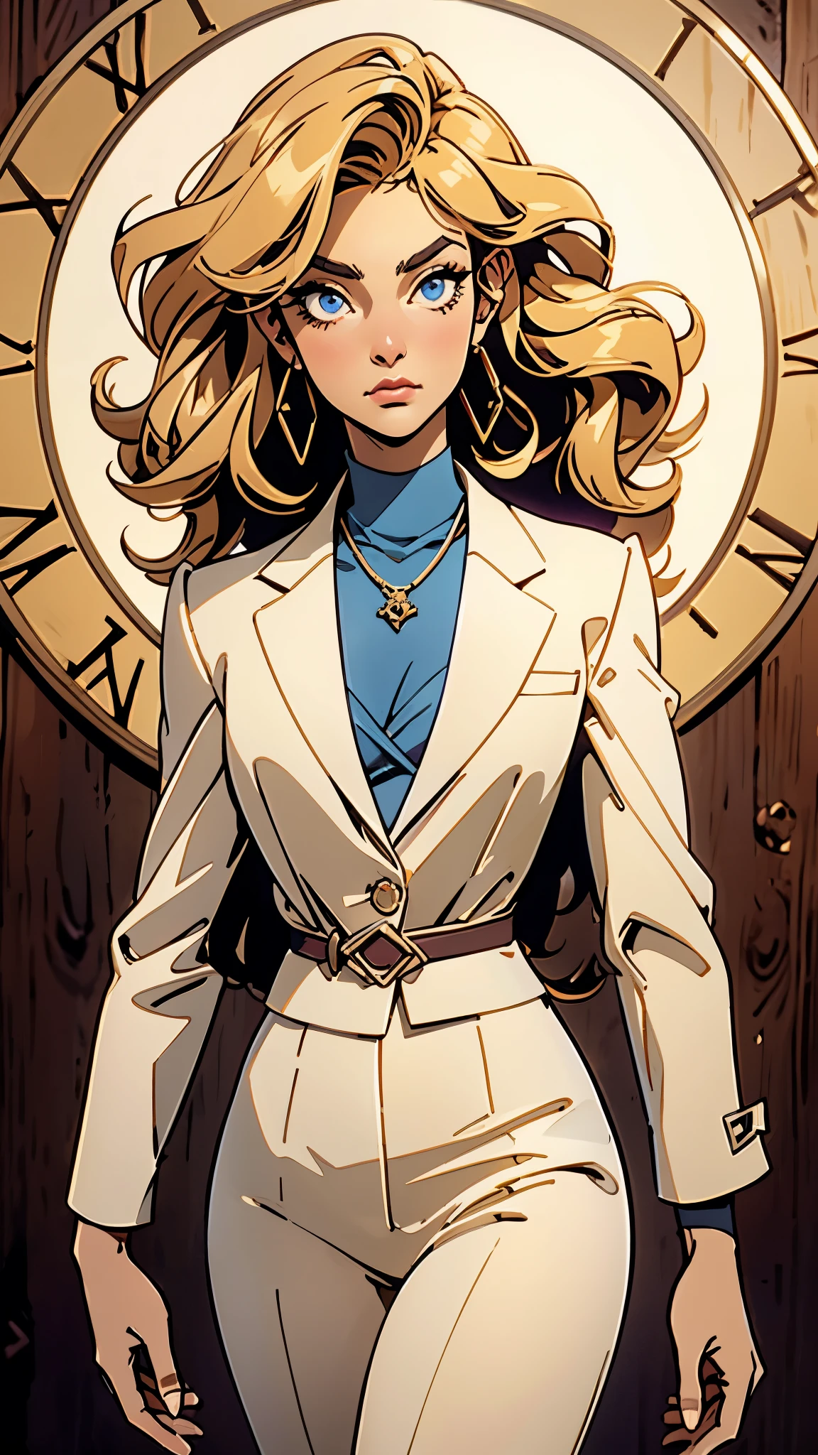 A woman with medium-length golden hair, (features of Native American heritage), distinct facial contours, an oval-shaped face, deep-set eyes, a resolute expression, tall and fit figurea, small crystal necklace that emits a soft purple glow, a fantasy-realism style gender-neutral striped white suit, the open collar reveals a tight-fitting bustier underneath, matching suit pants, in her left hand holds a sci-fi ancient civilization-inspired anchor-shaped weapon, she stands confidently on an endless wilderness road, this character embodies a finely crafted fantasy-realism-style bounty hunter in anime style, exquisite and mature manga art style, (perfect body, perfect nose, perfect mouth, perfect eyes), ((Feminine:1.2)), high definition, best quality, highres, ultra-detailed, ultra-fine painting, extremely delicate, professional, anatomically correct, symmetrical face, extremely detailed eyes and face, high quality eyes, creativity, RAW photo, UHD, 32k, Natural light, cinematic lighting, masterpiece-anatomy-perfect, masterpiece:1.5