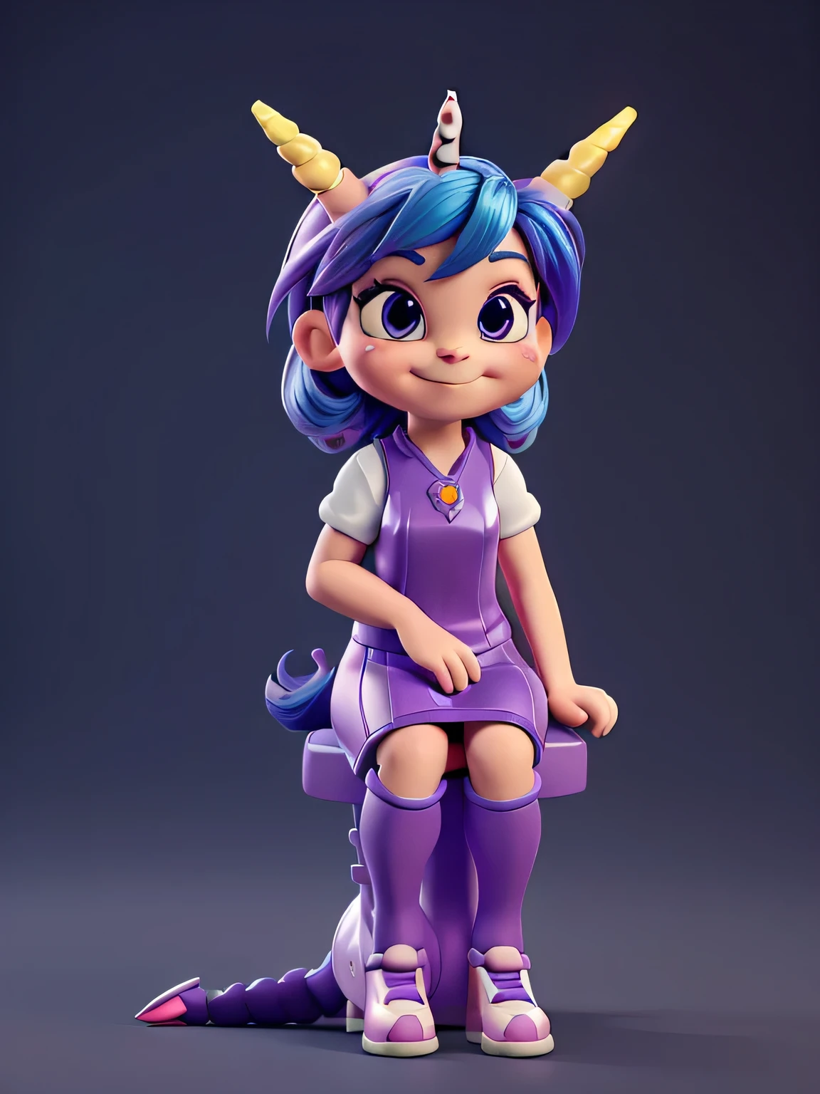 a close up of a cartoon character with a purple outfit and horns, cute character, render of a cute 3d anime girl, cute 3 d render, cute cartoon character, stylized character, 3 d character render, childrens art in artstation, stylized character design, 3 d render character art 8 k, 3d character, 3 d character, cartoon unicorn with blue hair and a black horn, (((sitting position, pernas cruzadas))) unicorn, white unicorn, unicorn from the tusk movie, blue unicorn, a unicorn, 3 d cavalo pet shop, unicorns, unicorn horn, bonitinho digital art, bonitinho 3 d render, bonitinho cartoon character, Chibi, bonitinho character, personagem toonix, anthropomorphic mare, my little Pony, bonitinho (((movimento)))