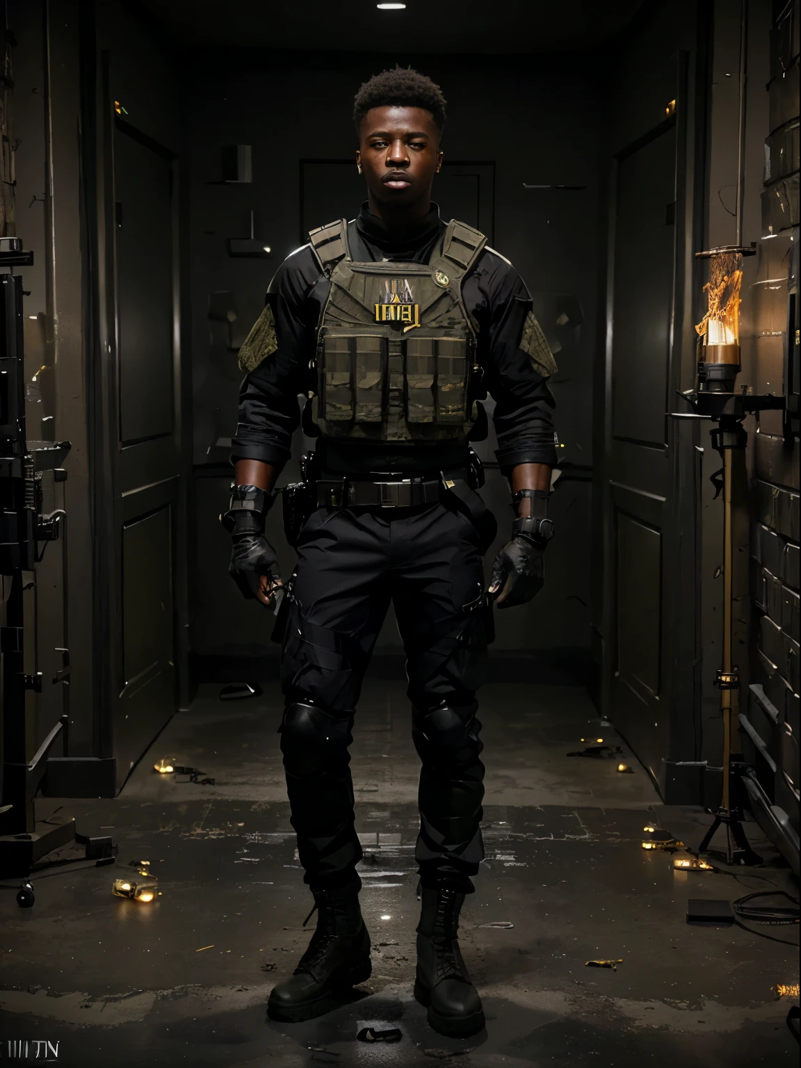 full body picture Unreal Engine 5 8K UHD of young black man military (Soldier with dark uniform and rifle, ammo belt, military bulletproof vest, cargo pants, glove, radio, grenade:1.2), (glowing eyes:1.1), (supermodel:1.4),(muscular:1.3),  steampunk city background, best quality. stylish, rutkowski, hdr, intricate details, hyperdetailed, cinematic, rim light, danger atmosphere,