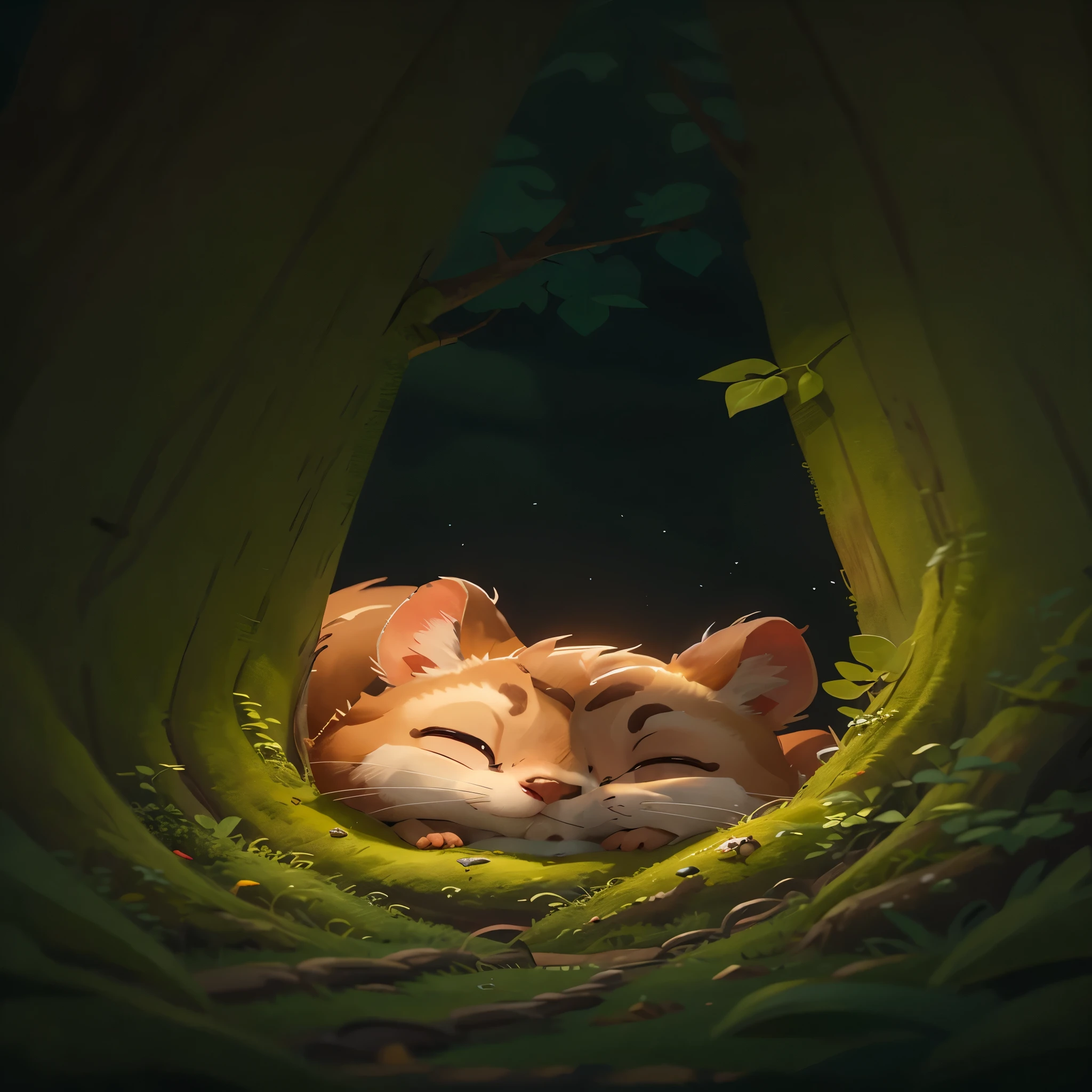 It's late at night,可爱的little squirrel,Illustration des Schlafens in einem warmen Baumloch, Sie rollte sich zu einer Kugel zusammen,Enter sweet dreams。Gute Nacht,little squirrel。Nahaufnahme, Pixar-Kinostil, Best quality, Filmstills, very sweet,