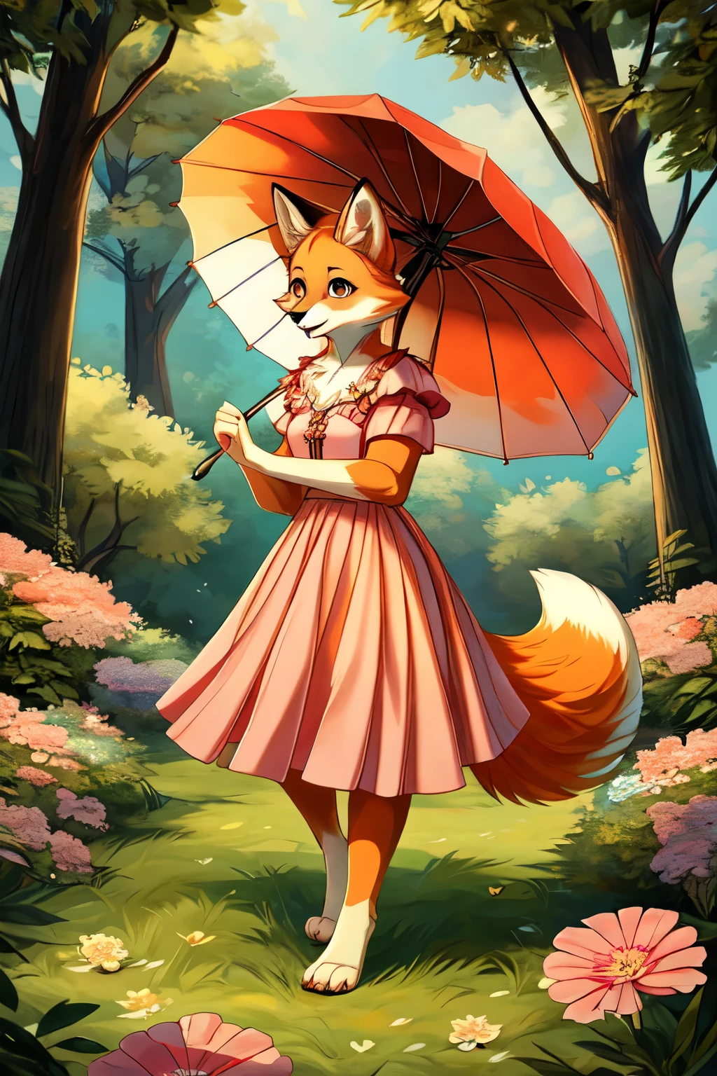 ((best quality)), ((masterpiece)), (detailed), perfect face, anthropomorphic fox, fluffy tail, pink dress, pink parasol, short dress, holding a parasol, leaves floating, short sleeves, furry, fox, female, orange fur, barefoot, paws, feet, nature, grass, trees, flowers