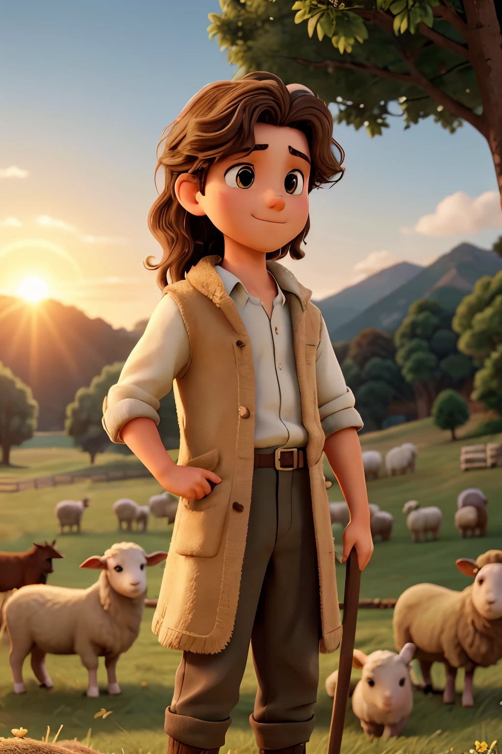 Imagine a pastoral setting at sunset, where young David, with wavy hair and youthful features, is attentively tending a flock of sheep in the green meadows. His hair reflects the soft light of the setting sun, as he holds a shepherd's rod with skill and compassion. The sheep, spotted and peaceful, graze around him, confident in David's calm leadership. This moment portrays the humility and devotion of the future king of Israel in his days as a simple shepherd, before being anointed for a greater purpose., High definition, Anatomically Correct, textured skin, super detail, high quality, Best quality, high resolution, high definition, 4K, 8k, 16k, no color