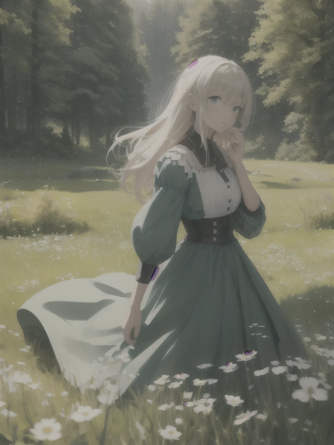 A girl stands on a green meadow, who leads a group of knights.
BREAK Mit einem mutigen Gesichtsausdruck, She leads them to their destination.
BREAK Hinter ihr, A green forest stretches beyond it, In der Ferne erheben sich Berge.
INTERRUPTION The most suitable effect for this scene would be a watercolor technique, to capture the softness of the meadow and the fluidity of movement.