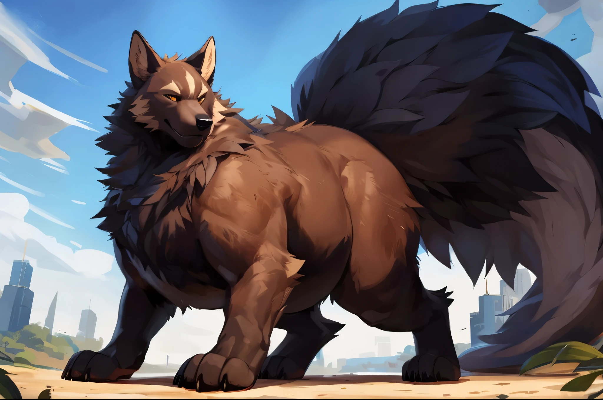 explicit furry artwork by snowskau,a semi-anthro charr posing,solo,balls,tuft, very fluffy,,close up,rear view,detailed fur,super detailed,raised tail,showing hindquarters,ass up