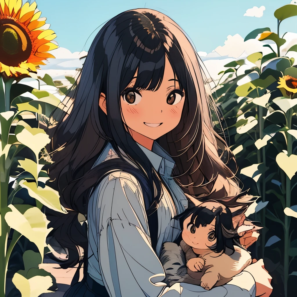 highest quality, masterpiece, 1 girl, black hair, long hair, very cute, smile, holding two kittens , young appearance, Wearing JILLSTUART,hair is wavy,sunflower field,Sunflower petals are dancing,brown and white tabby kitten,tabby kitten,