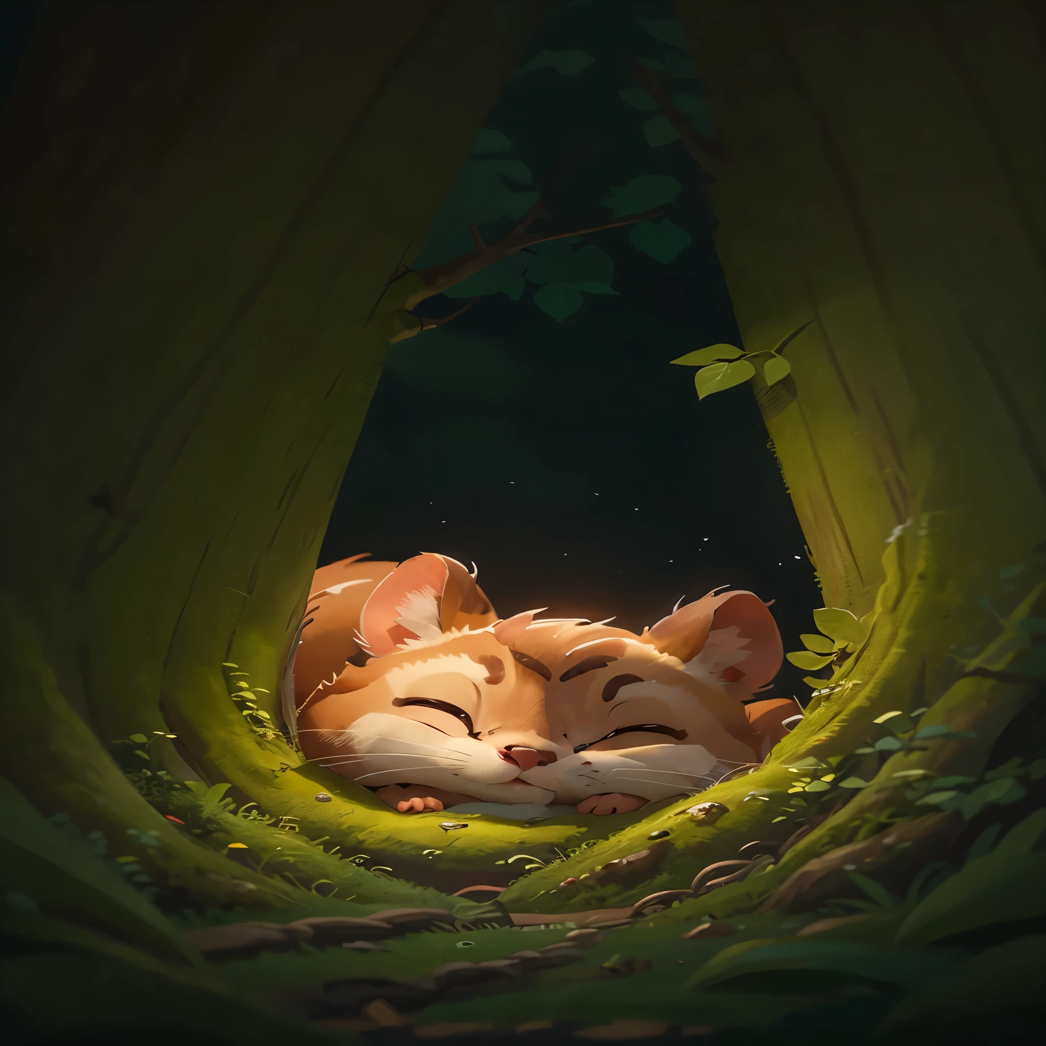 It's late at night,可爱的little squirrel,Illustration des Schlafens in einem warmen Baumloch, Sie rollte sich zu einer Kugel zusammen,Enter sweet dreams。Gute Nacht,little squirrel。Nahaufnahme, Pixar-Kinostil, Best quality, Filmstills, very sweet,