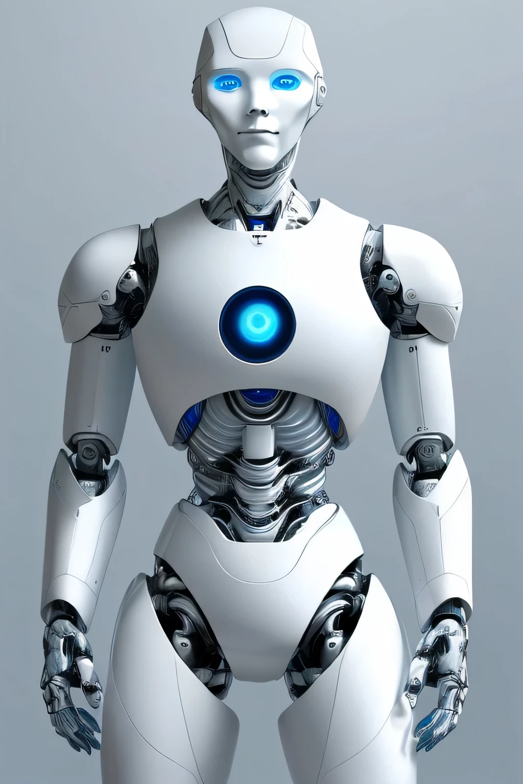 ((Melhor qualidade)), ((obra de arte)), (detalhado), a realistic photo of a full body white male artificial intelligence humanoid robot with a kind of human face with blue eyes on a white background facing forward, there is a strong shadow on the robot&#39;s face