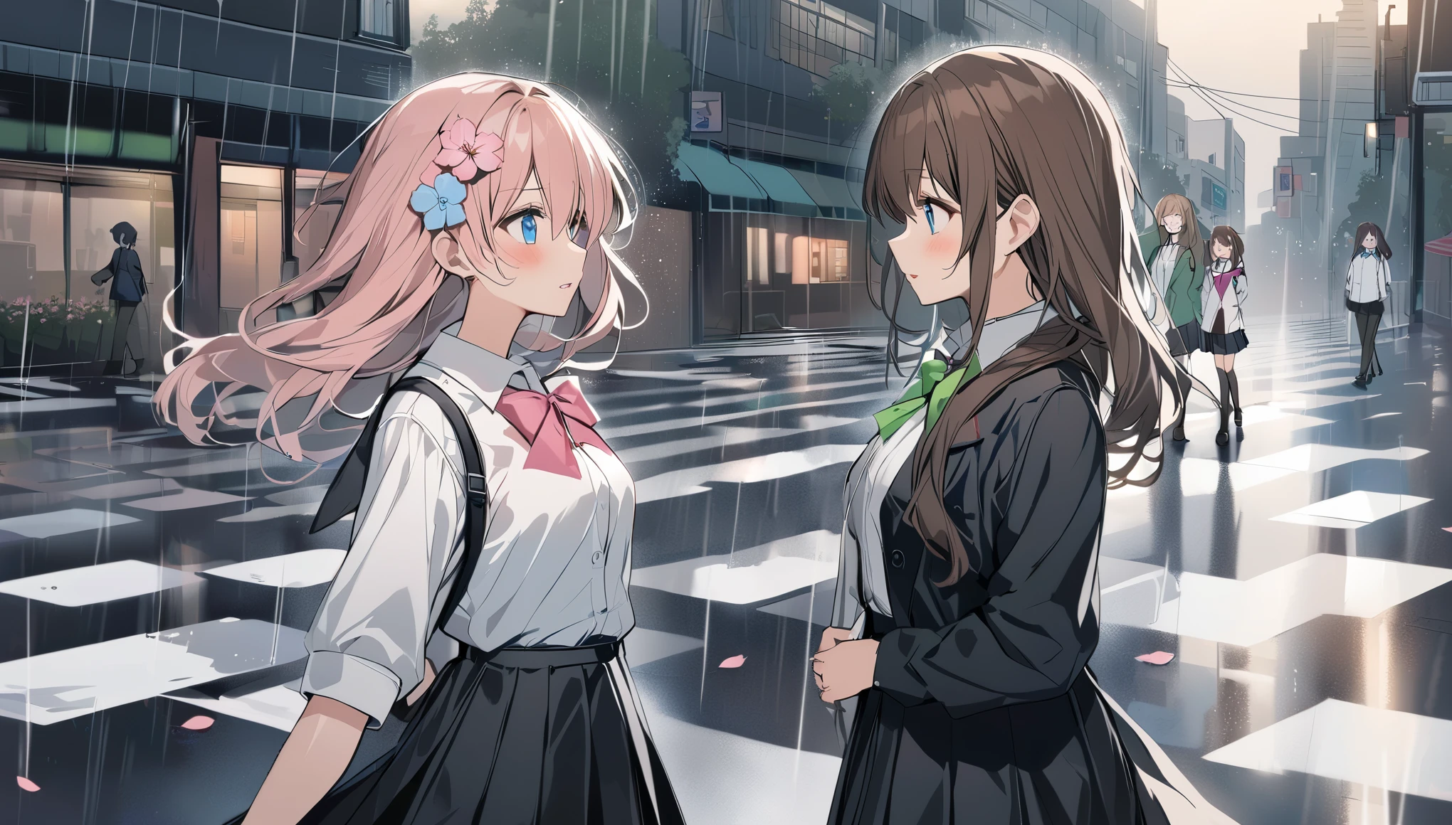 two anime characters are standing at a crosswalk in the rain in anime styled clothing, bow, parted lips, blush, multiple girls, blue eyes, flower, outdoors, long hair, skirt, hair flower, pink flower, rain, hair ornament, shirt, bangs, black skirt, brown hair, white shirt, collared shirt, pleated skirt, profile, hair between eyes