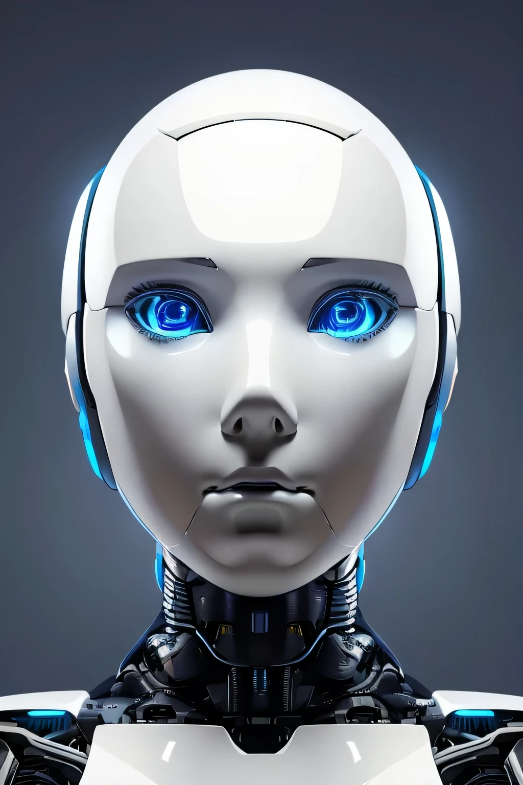 ((Melhor qualidade)), ((obra de arte)), (detalhado), a realistic photo of a full body white artificial intelligence humanoid robot with a kind of human face with light blue eyes on a white empty background facing forward, there is a strong shadow on the robot&#39;s face