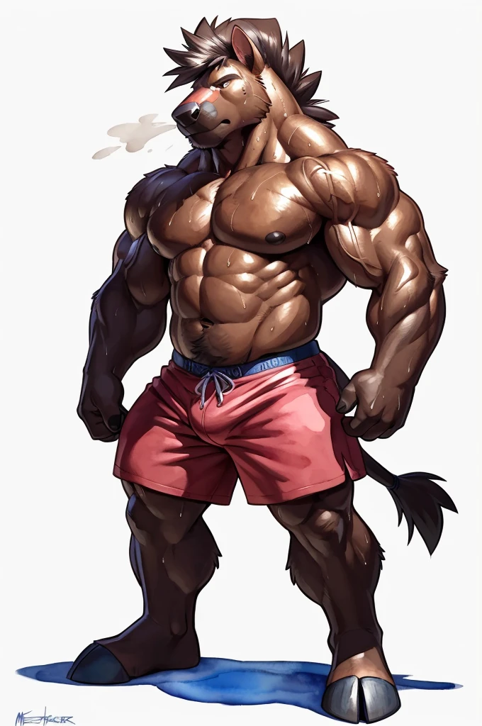 pokemon mudsdale. 4k, high resolution, best quality, posted on e621, solo, anthro body, tall, older male, masculine:1, male, very masculine:1, bodybuilder (tough build):1.5, muscular legs, (correct anatomy):1, (white background, no background:1.2), (bare torso:1.1), brown fur, (wearing work shorts), heavy hooves, (detailed eyes:1.2), sexy, (cel shaded:1.2), (sweat:1.5), visible breath, shiny muscles, sweat:1, cartoony shading, (watercolors:1.2), strong shadows, (vascular, veins:1.1), (full body):1, (by takemoto arashi, by meesh, by Taran Fiddler)