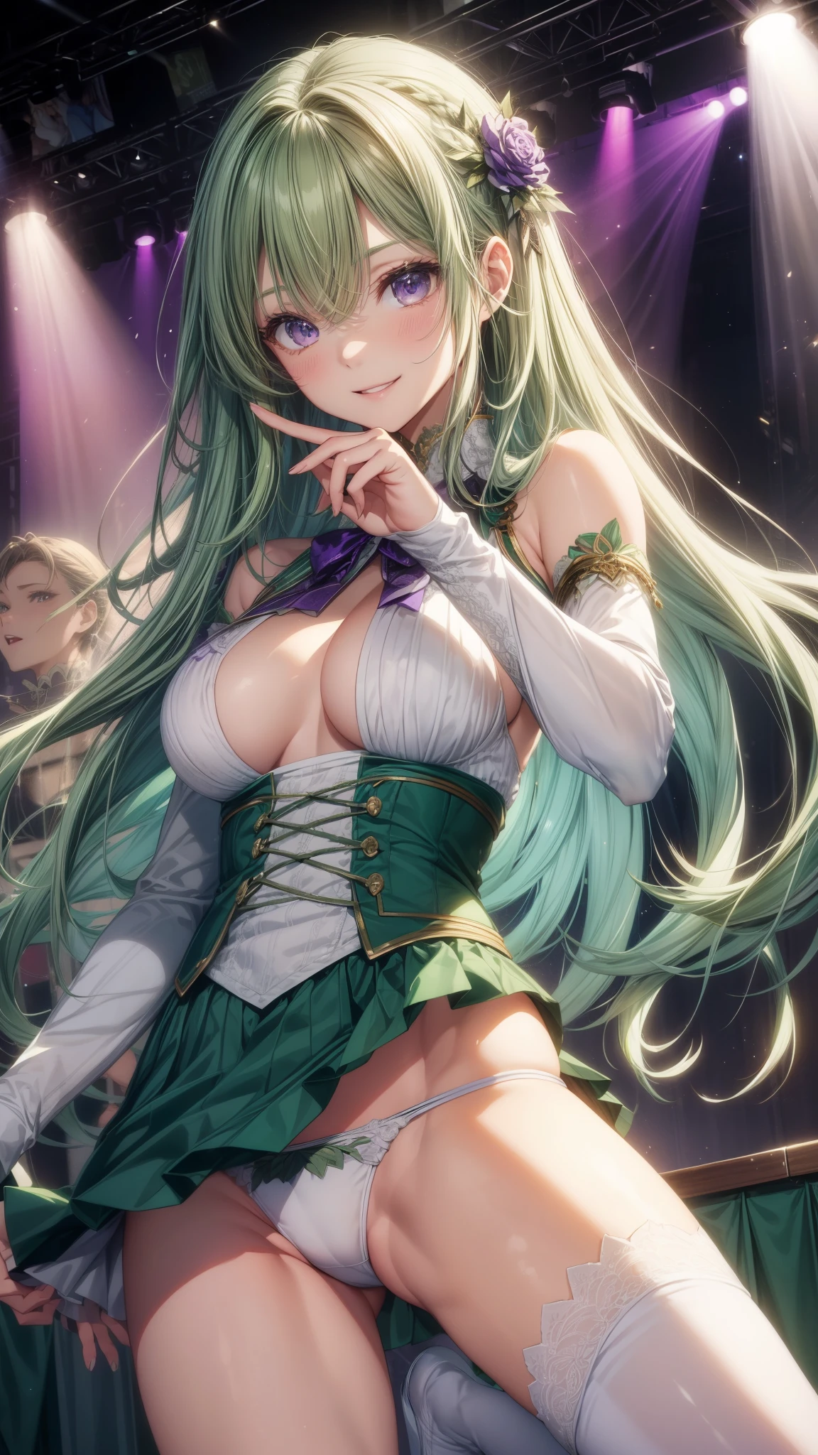 highest quality、All limbs、full finger、Slender beauty、straight hair、brown hair、Dereste、green, white and purple idol costume、white panties、high socks、beautiful big breasts、live stage、sing、dancing、big smile、I'm seducing you
