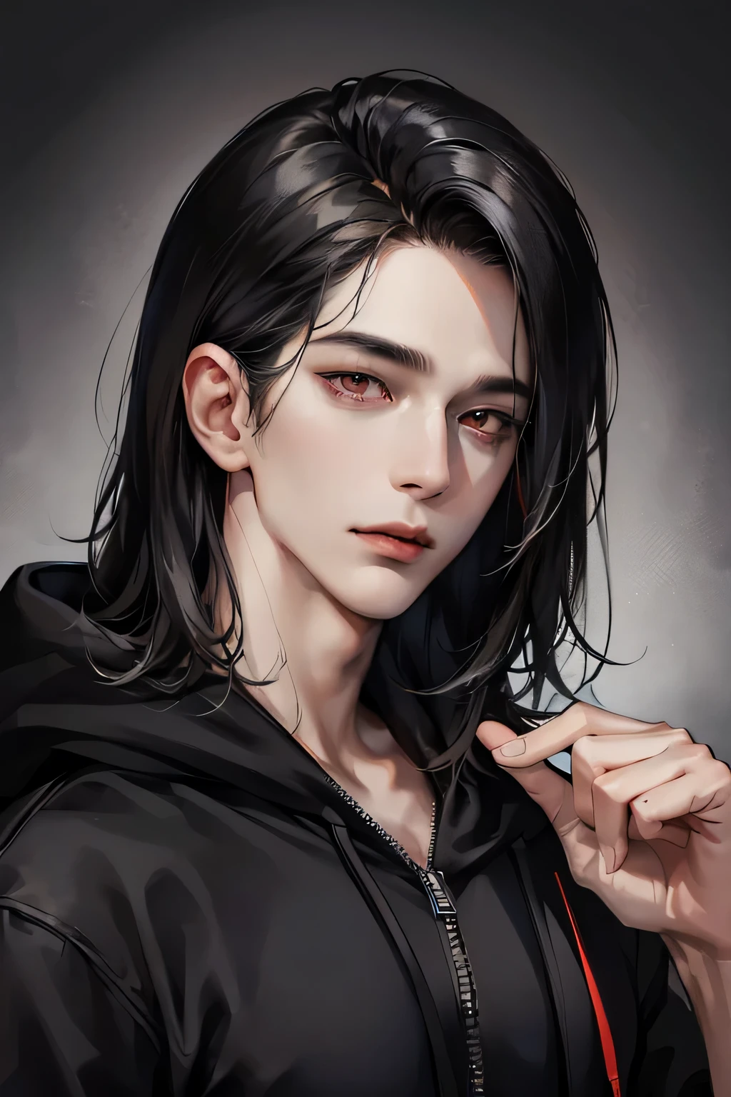 official art, masterpiece, 1 guy, sharp focus, (Korean:1.3), (handsome korean:1.3), корейский handsome, Delicate and masculine hair, eyes and face, realistic, ultra Detailed, handsome, (side lighting:1.2), landscape, black hair, cool expression, Dynamic hair, Detailed black hair, glowing red eyes, sexual, in the dark, deep shadow, restrained, cold light, dynamic light, cinematic lighting, cinematic lighting, Mature man, face close up, face Detail, red lips Detail, very Detail eyes, Detail faces, face Detail, Detail, utra Detail, very Detail, highly Detail, ((black hoodie)), black tshirt, Relaxed face, closed mouth, straight shoulder-length hair