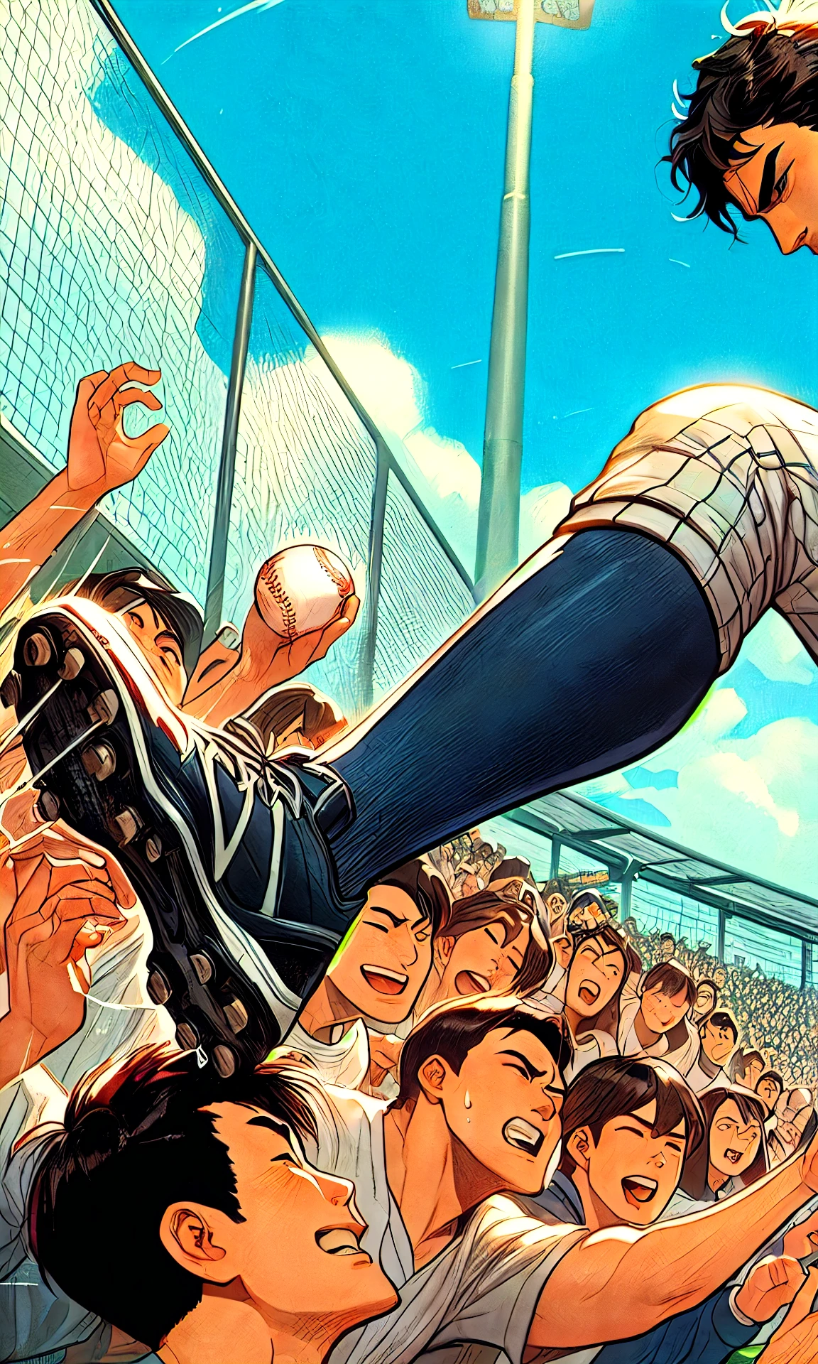 illustration of a baseball player standing on the mound, lifting your leg up, Rob Ray and Kentaro in Miura style, jc leyendecker and Sachin Teng, in the style of Sachin Teng, inspired by Kinichiro Ishikawa, Kentaro Miura in manga style, Sachin Teng, openly for, Yoshihiko Wada, manga style by Kentaro Miura