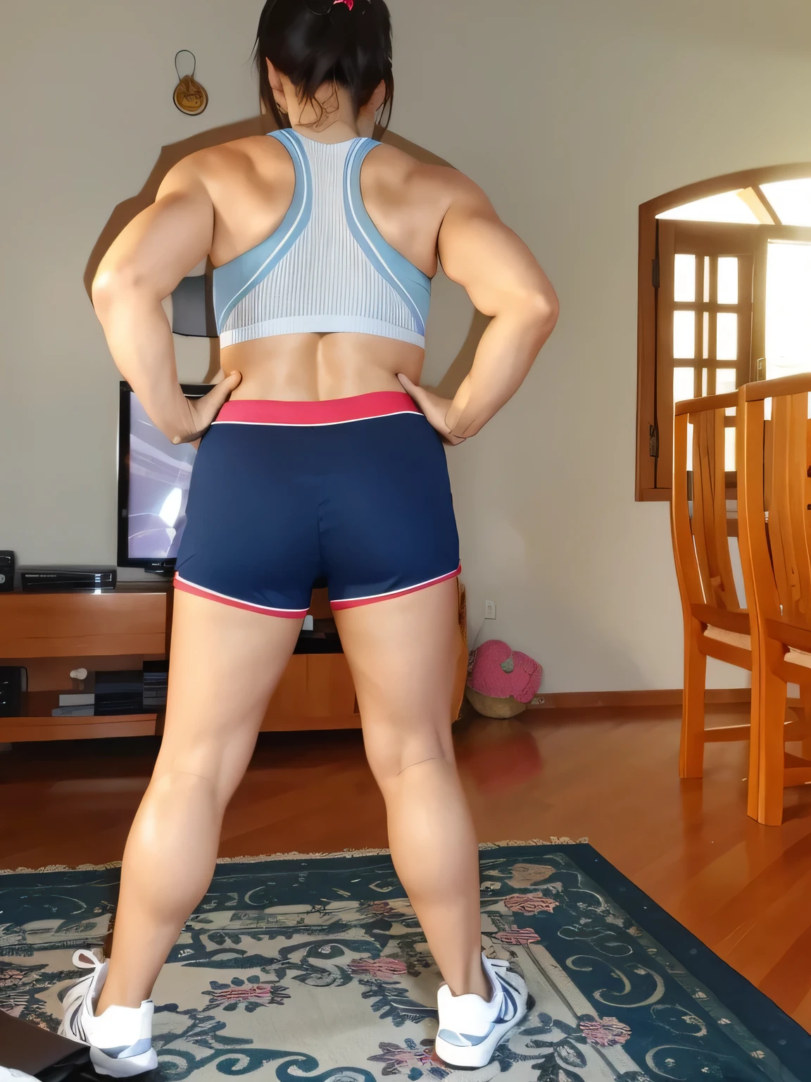 there is a woman standing in a living room with a Wii remote, sports bra and dark blue shorts, tiro pelas costas, sports bra and shorts, long tiro pelas costas, vista traseira, long shot from behind, from behind, vista traseira!!, seen from behind, tiro de volta, shot from behind, photo from behind, Pose de costas. in good physical shape, lindas roupas esportivas, cerca de 50 anos. Garota fitness. foto clara, alta qualidade, high resolution, trabalho de arte, 8k.