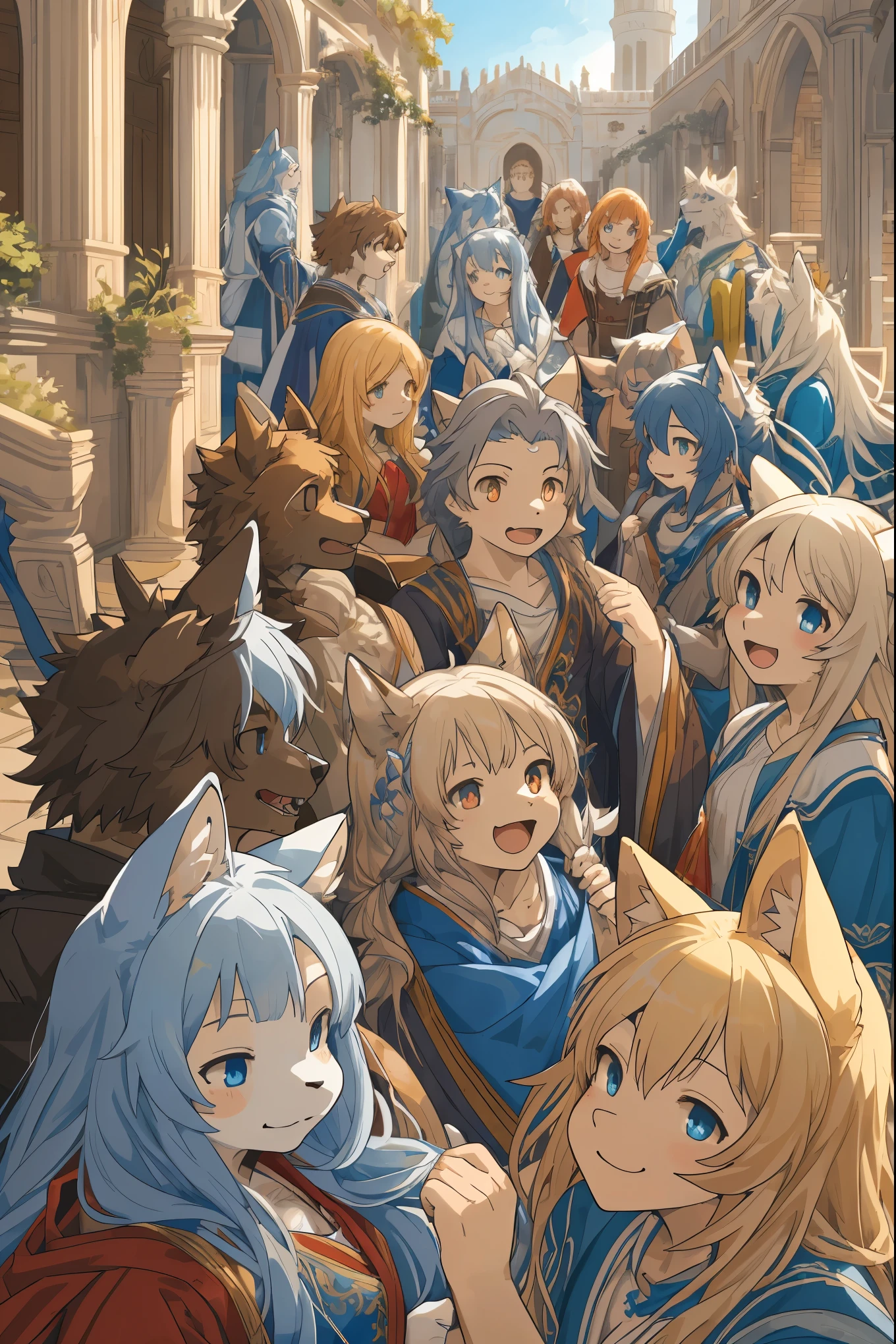 dynamic angle, top quality, best quality, High-quality illustrations, masterpiece, super high resolution, detailed background, detailed background, Romeo and Juliet, group shot:0.1, 6+boys, 6+girls, Happy, joyful, absurdres(highly detailed beautiful face and eyes)perfect anatomy(kemono, furry anthro),