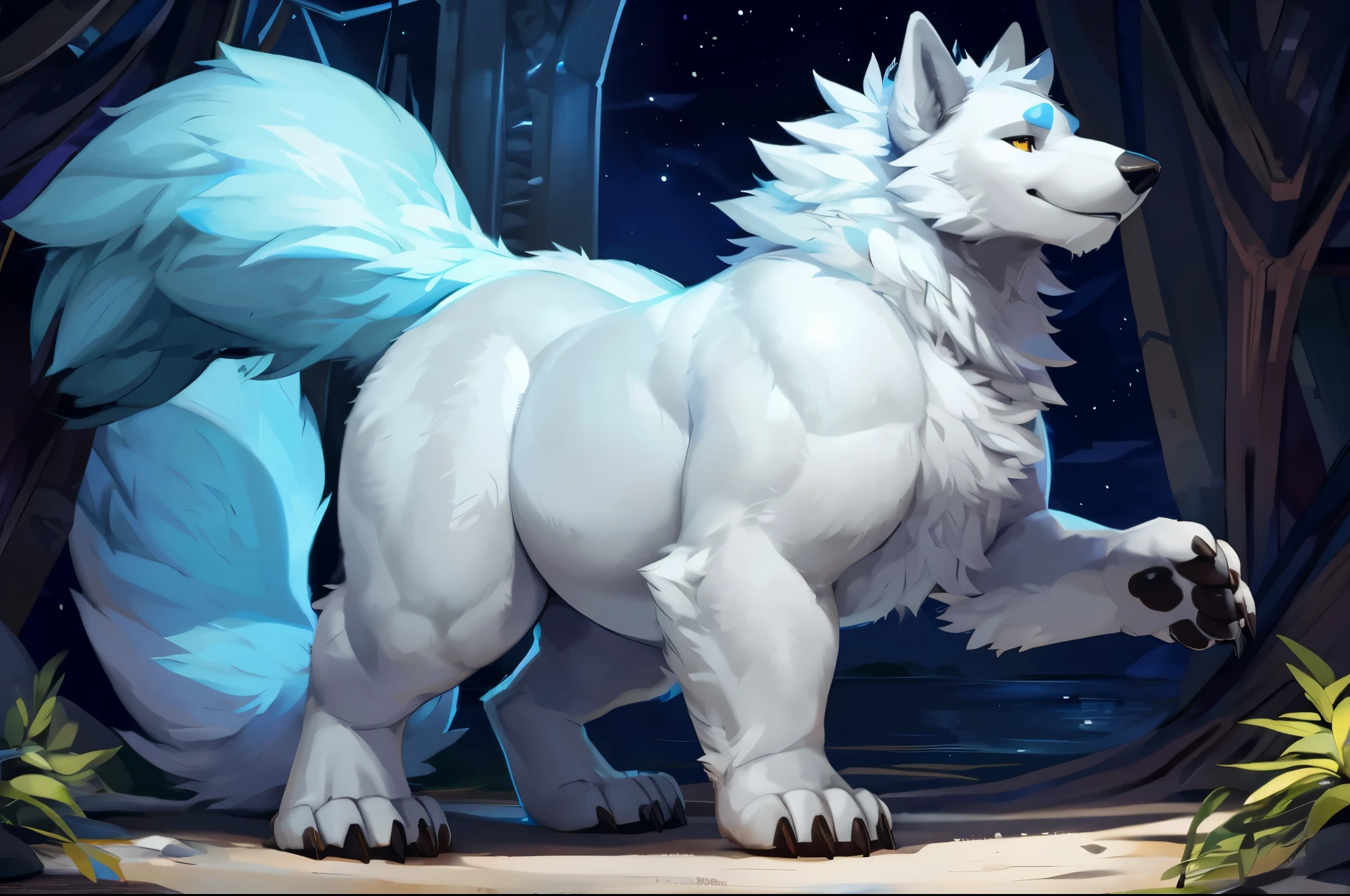 Art by thesecretcave, posted on e621,chien pao,feral,quadruped,balls,(solo),ice knife thooths,seductive,tail,showing butt,sexy