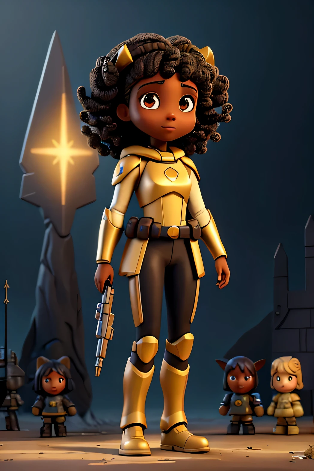 Disney-style film cover, a black girl with brown eyes, darkA Christian blade runner replicant astronaut angel soldier lonely shepherd with golden glowing eyes, gold armor with yellow crosses of light on the soldiers helmets, atreides astronaut metatron mandalorian master chief metal segmented fremen armor designed by hajime sorayama, under a lonely tree of Sinai fire between the Kabbalah tree of life and the Qlippoth tree of death, three trees in a grey background with high contrast between light and shadow, helldivers in the style o skin and curly hair who works painting pictures and an art studio in the background