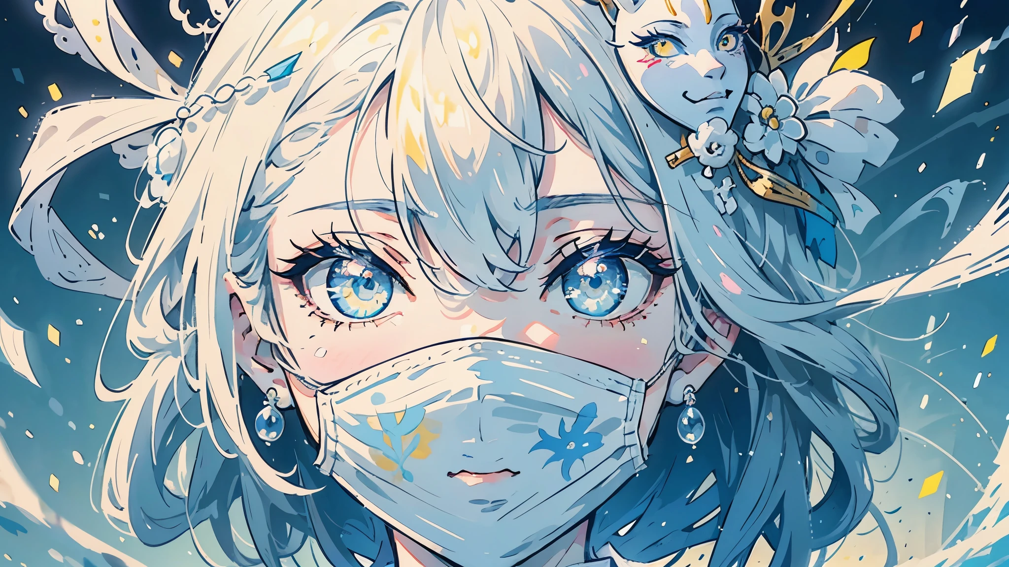 a close-up of a girl with a mask on her face, pelo blanco deity, La mirada penetrante de Yuki Onna., impresionante retrato de cara de anime, chica con ojos blancos, chica con pelo blanco, pelo blanco, anime fantasy illustration