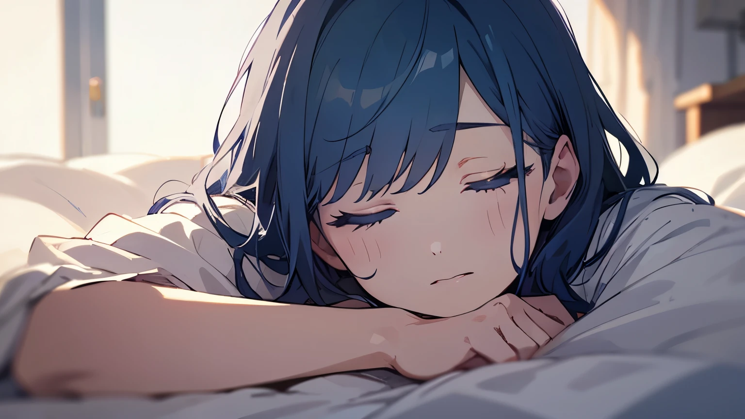 ((best quality)), ((masterpiece)), (detailed), perfect face,morning,sleepy,Waking up,pajamas,blue hair,