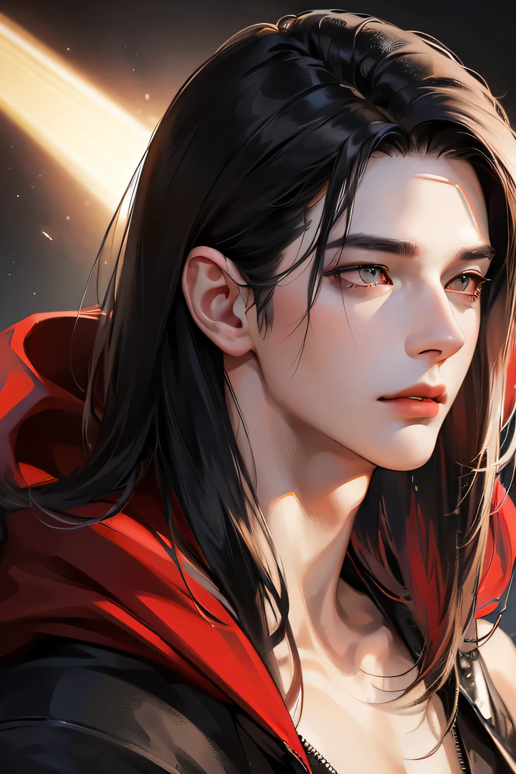 official art, masterpiece, 1 guy, sharp focus, (Korean:1.3), (handsome korean:1.3), корейский handsome, Delicate and masculine hair, eyes and face, realistic, ultra Detailed, handsome, (side lighting:1.2), landscape, black hair, cool expression, Dynamic hair, Detailed black hair, glowing red eyes, sexual, in the dark, deep shadow, restrained, cold light, dynamic light, cinematic lighting, cinematic lighting, Mature man, face close up, face Detail, red lips Detail, very Detail eyes, Detail faces, face Detail, Detail, utra Detail, very Detail, highly Detail, black hoodie, black tshirt, Relaxed face, closed mouth, straight shoulder-length hair