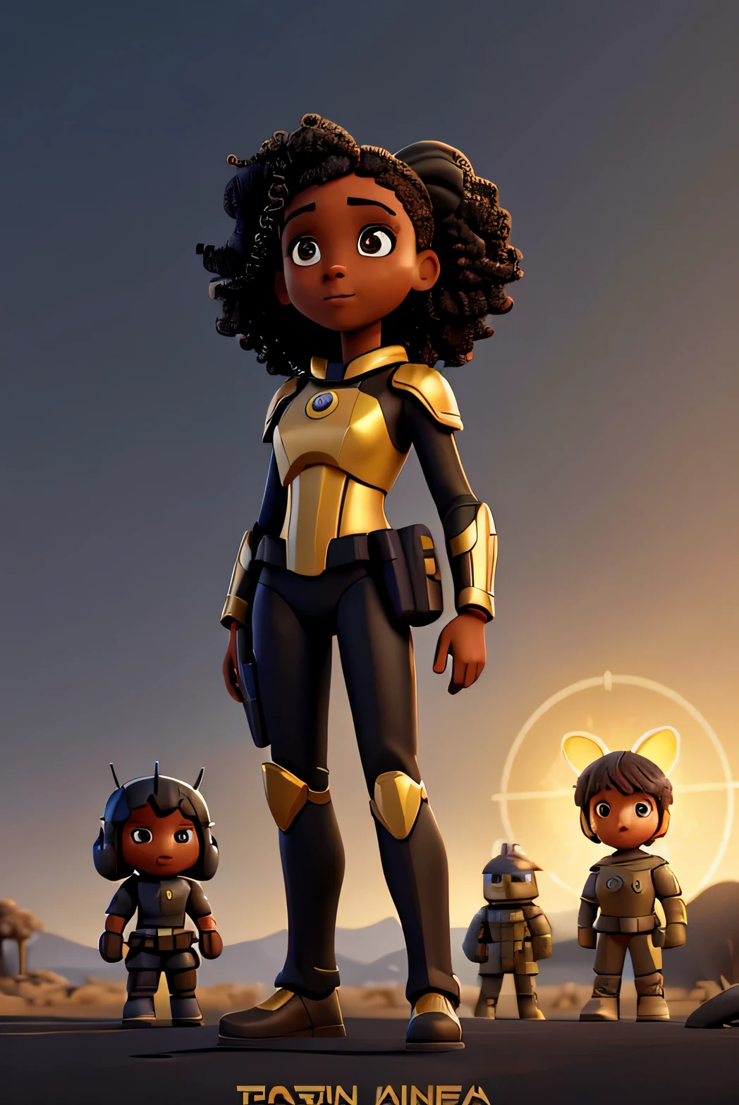 Disney-style film cover, a black girl with brown eyes, darkA Christian blade runner replicant astronaut angel soldier lonely shepherd with golden glowing eyes, gold armor with yellow crosses of light on the soldiers helmets, atreides astronaut metatron mandalorian master chief metal segmented fremen armor designed by hajime sorayama, under a lonely tree of Sinai fire between the Kabbalah tree of life and the Qlippoth tree of death, three trees in a grey background with high contrast between light and shadow, helldivers in the style o skin and curly hair who works painting pictures and an art studio in the background