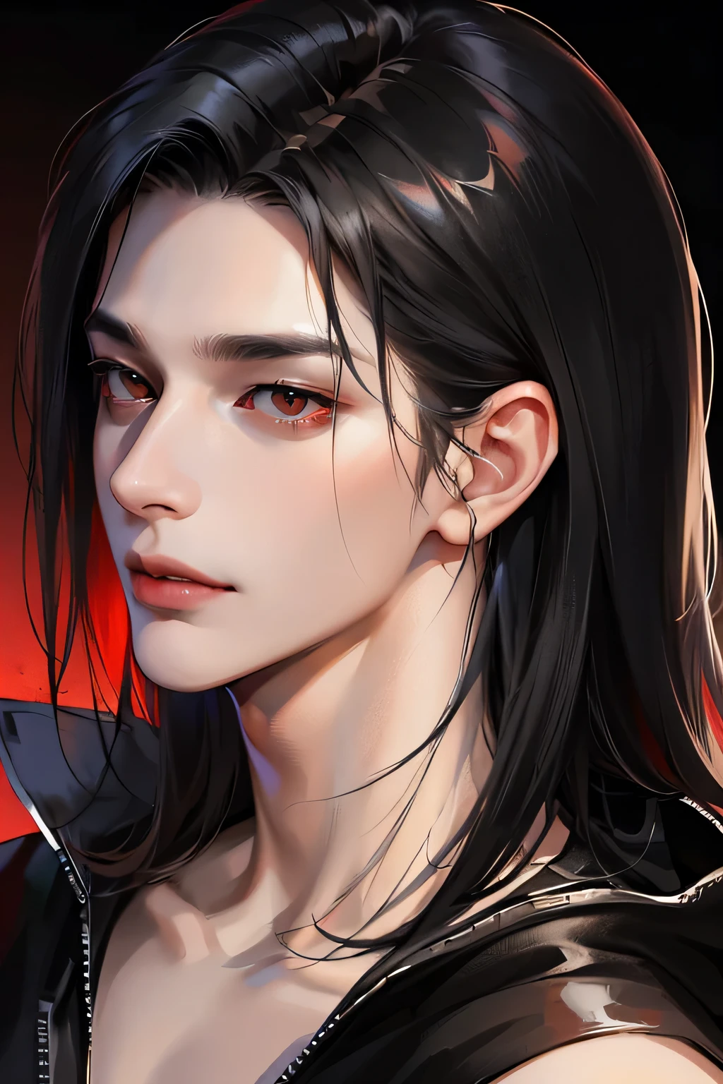 official art, masterpiece, 1 guy, sharp focus, (Korean:1.3), (handsome korean:1.3), корейский handsome, Delicate and masculine hair, eyes and face, realistic, ultra Detailed, handsome, (side lighting:1.2), landscape, black hair, cool expression, Dynamic hair, Detailed black hair, glowing red eyes, sexual, in the dark, deep shadow, restrained, cold light, dynamic light, cinematic lighting, cinematic lighting, Mature man, face close up, face Detail, red lips Detail, very Detail eyes, Detail faces, face Detail, Detail, utra Detail, very Detail, highly Detail, black hoodie, black tshirt, Relaxed face, closed mouth, straight shoulder-length hair