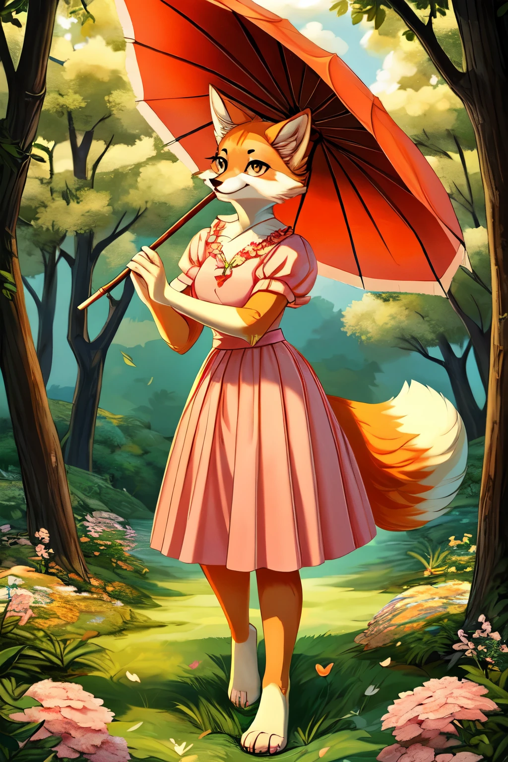 ((best quality)), ((masterpiece)), (detailed), perfect face, anthropomorphic fox, fluffy tail, pink dress, pink parasol, short dress, holding a parasol, leaves floating, short sleeves, furry, fox, female, orange fur, barefoot, paws, feet, nature, grass, trees, flowers, perfect shape